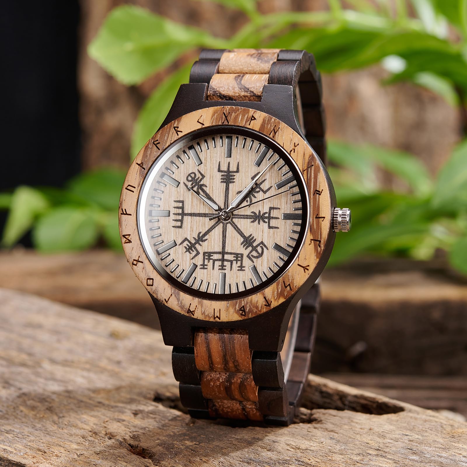 Vikingenes Handmade Wooden Watches for Men – Engraved Personalized Viking Watch, Natural Wood Wristwatch with Chronograph – Luxury Unique Gift for Him – Perfect for Outdoor Adventures, Formal Events & Anniversary Presents