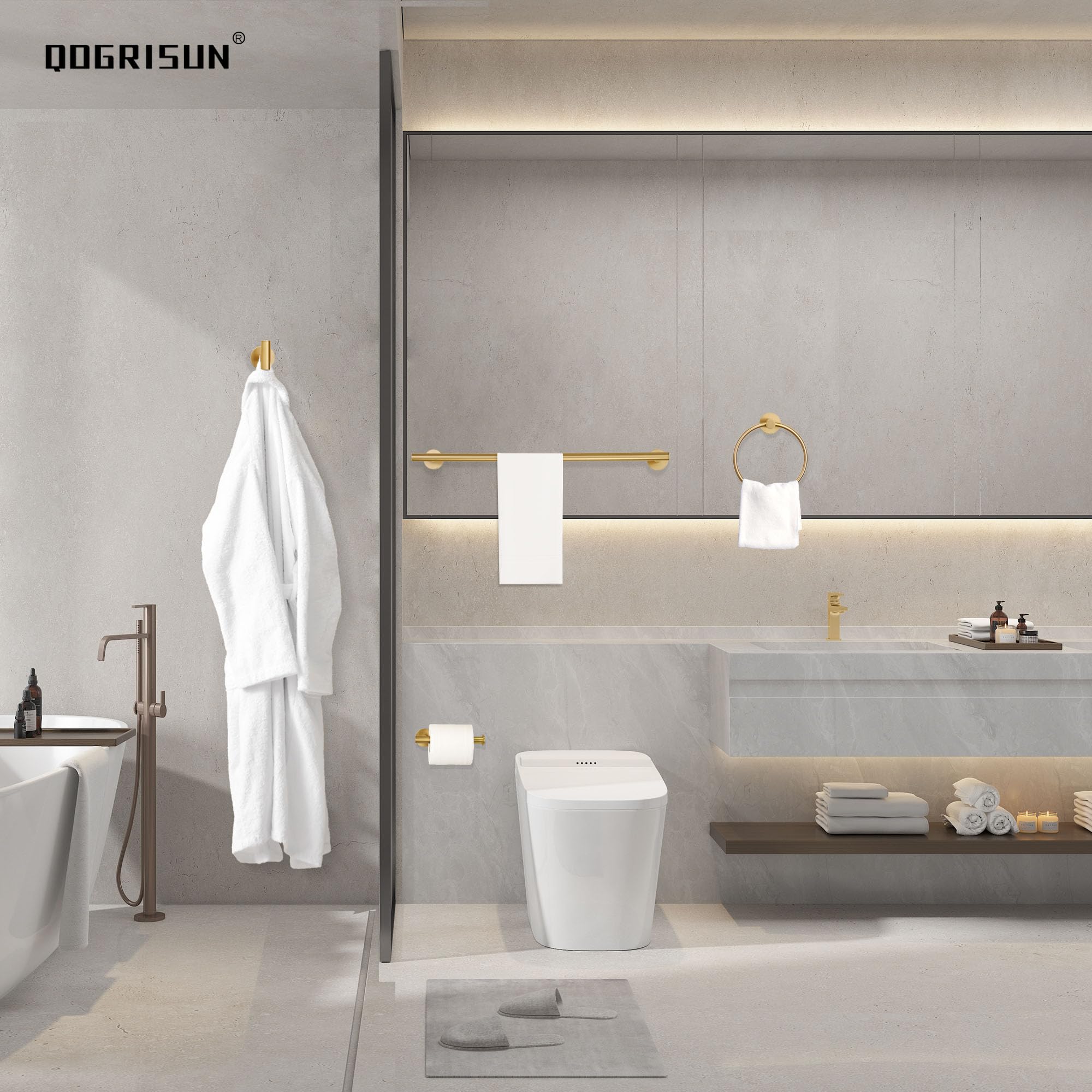 QOGRISUN Heavy Duty Brass Towel Hook - Gold Wall Mounted Coat Hook for Bathroom, Bedroom & Entryway - Modern Brushed Brass Door Hanger for Towels, Robes & Clothes (1 Pack) - Perfect for Spa, Hotel & Home Decor