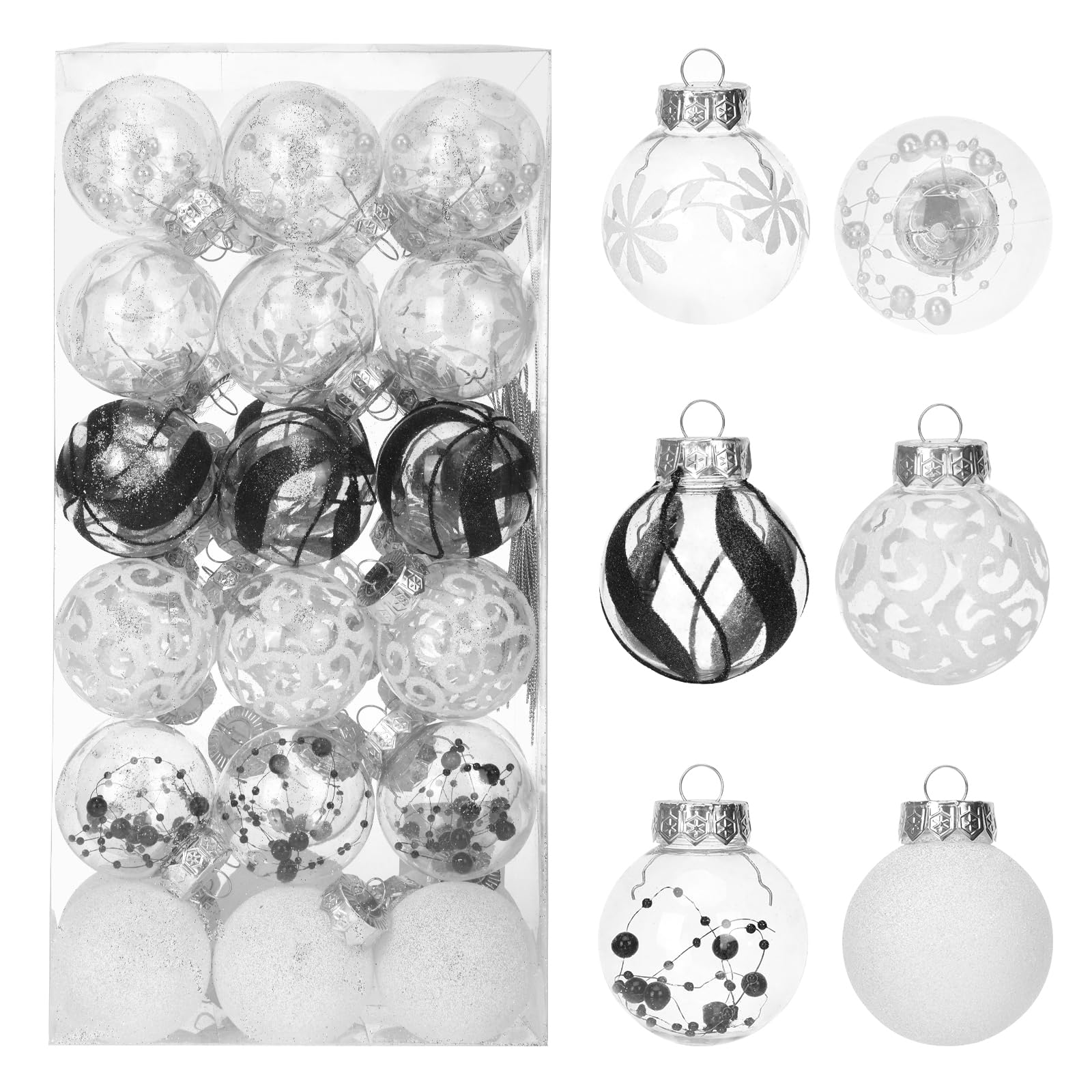 36pcs Shatterproof Christmas Ball Ornaments - Silver White Glitter Crystal Hanging Balls (2.36