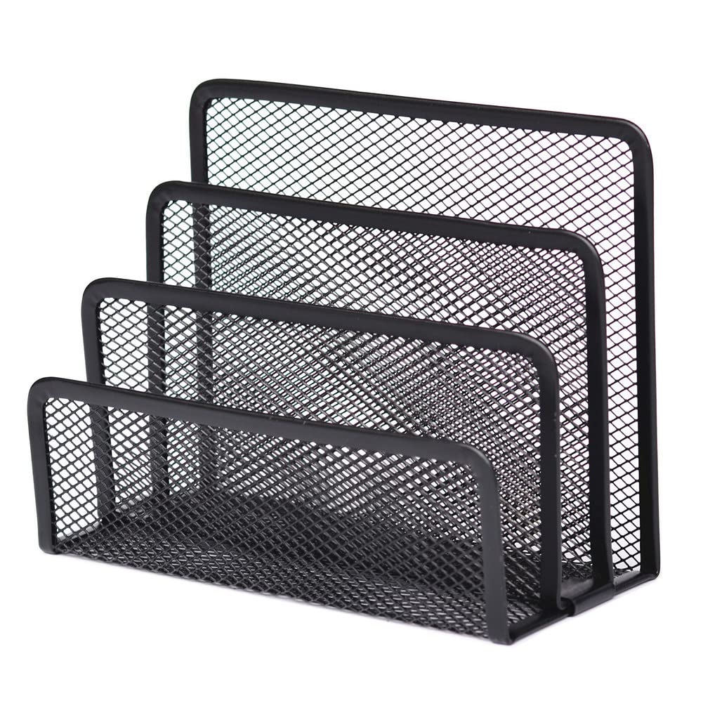 Lasenersm Metal Mesh Desk Organizer with 3 Vertical Compartments - Black | Desktop File Holder, Mail Sorter & Stationery Organizer | Perfect for Office, Home Workspace & School Supplies Management