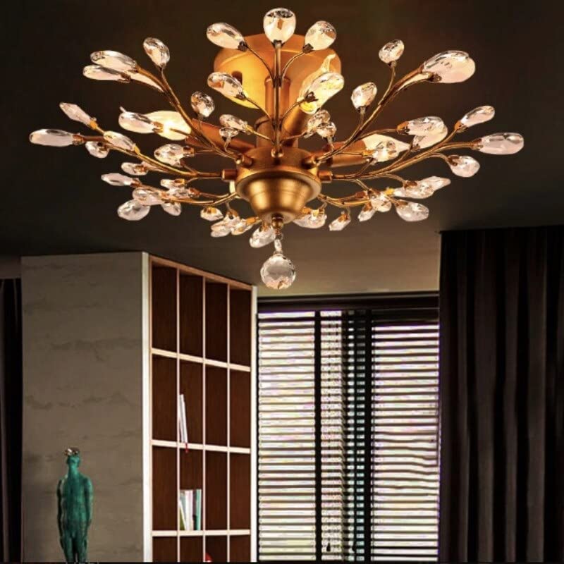 Vintage Crystal Branch Chandelier - 4-Light Flush Mount Ceiling Fixture with Tree Leaves Design for Dining Room, Bedroom & Living Room Lighting