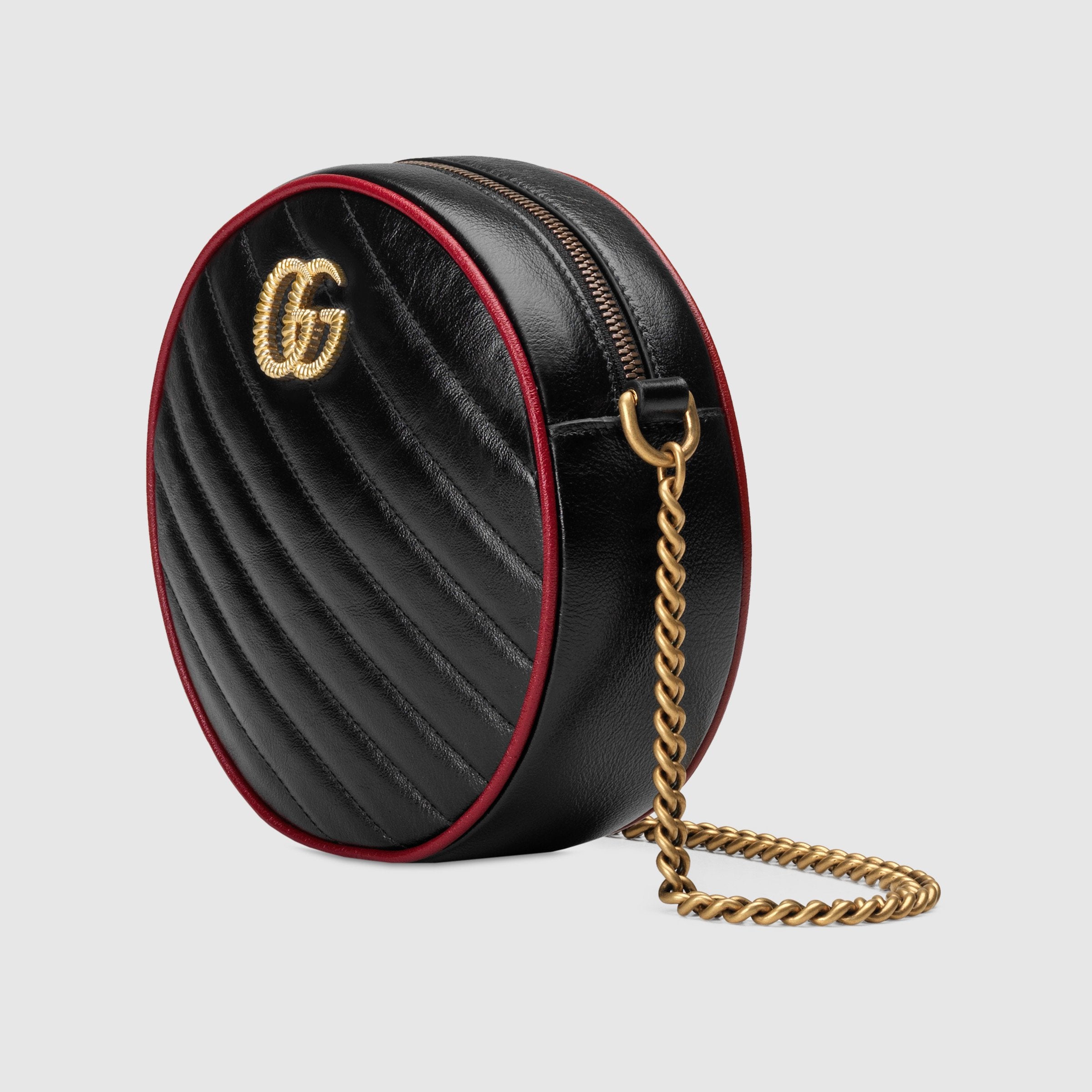 Gucci GG Marmont Mini Round Shoulder Bag Black Cerise - Luxury Leather Crossbody Purse for Women, Perfect for Date Night & Evening Events