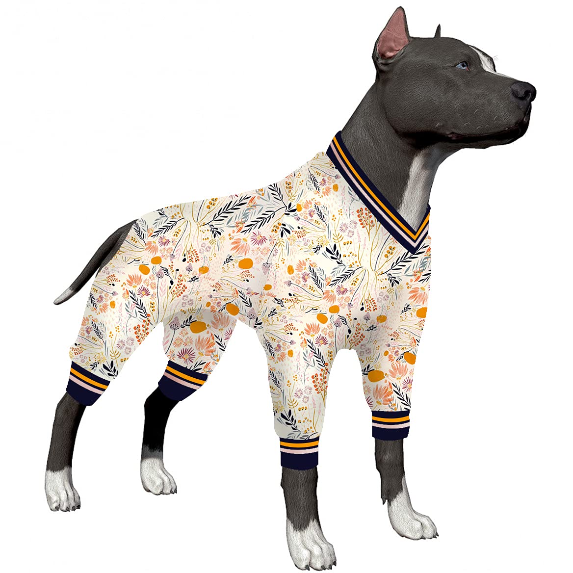 LovinPet Recovery Suit for Large Dogs - Anxiety Relief Dog Pajamas, Breathable Stretchy Fabric, Navy Cattail Print - Perfect for Post-Surgery, Thunderstorms & Calming Nervous Pets (Pitbull Clothes, Dog Sweater Alternative)