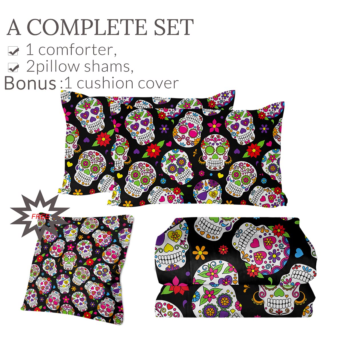 Sleepwish 4-Piece King Size Sugar Skull Comforter Set with 2 Pillow Shams & 1 Cushion Cover | Vibrant Skull Floral Print All-Season Bedding | Ultra-Soft, Breathable & Machine Washable | Perfect for Gothic, Boho or Halloween-Themed Bedrooms