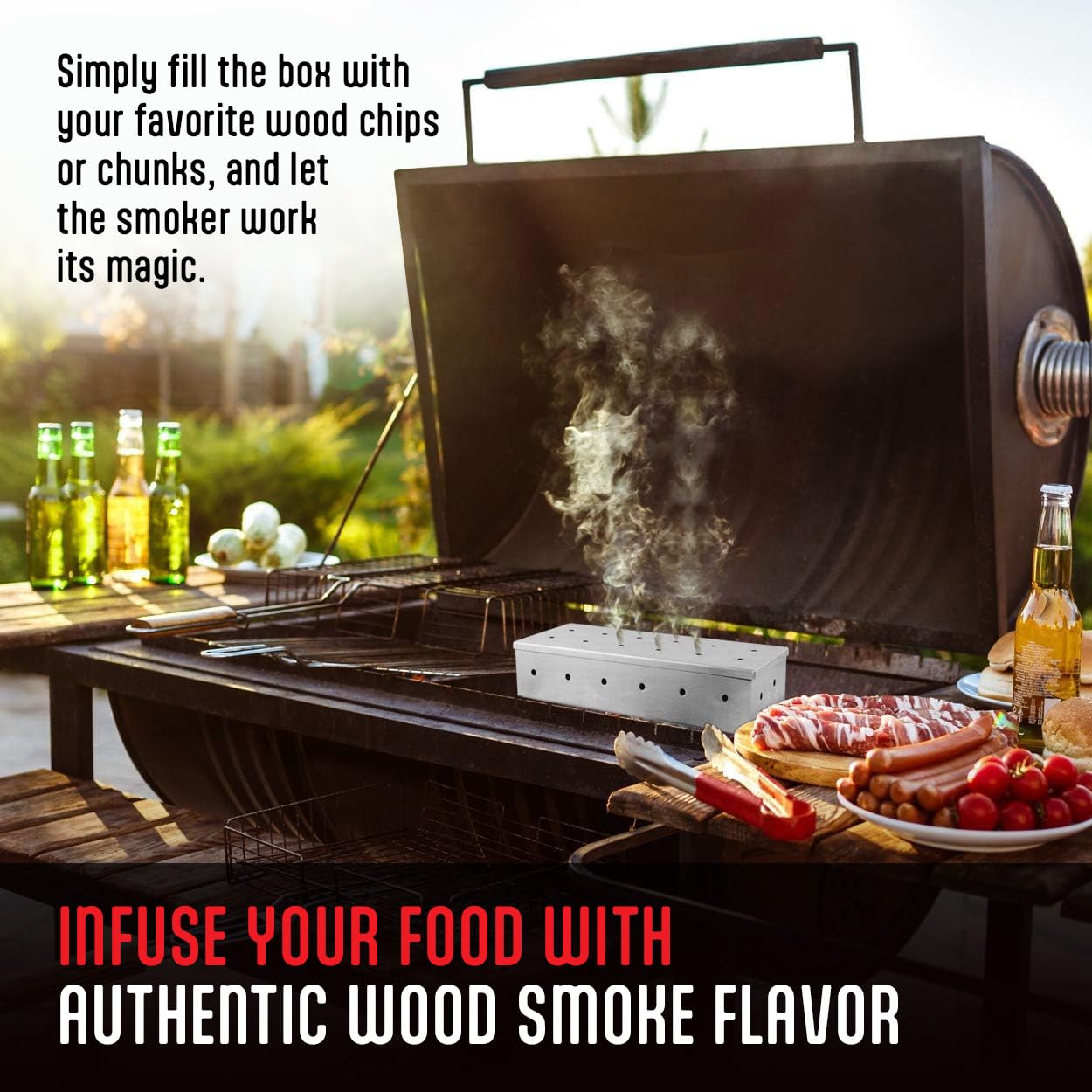 Premium Stainless Steel Smoker Box for Gas & Charcoal Grills - Universal Wood Chip Smoker Box with Hinged Lid for Delicious BBQ Flavor - Perfect for Backyard Grilling, Camping & Outdoor Cooking Accessories
