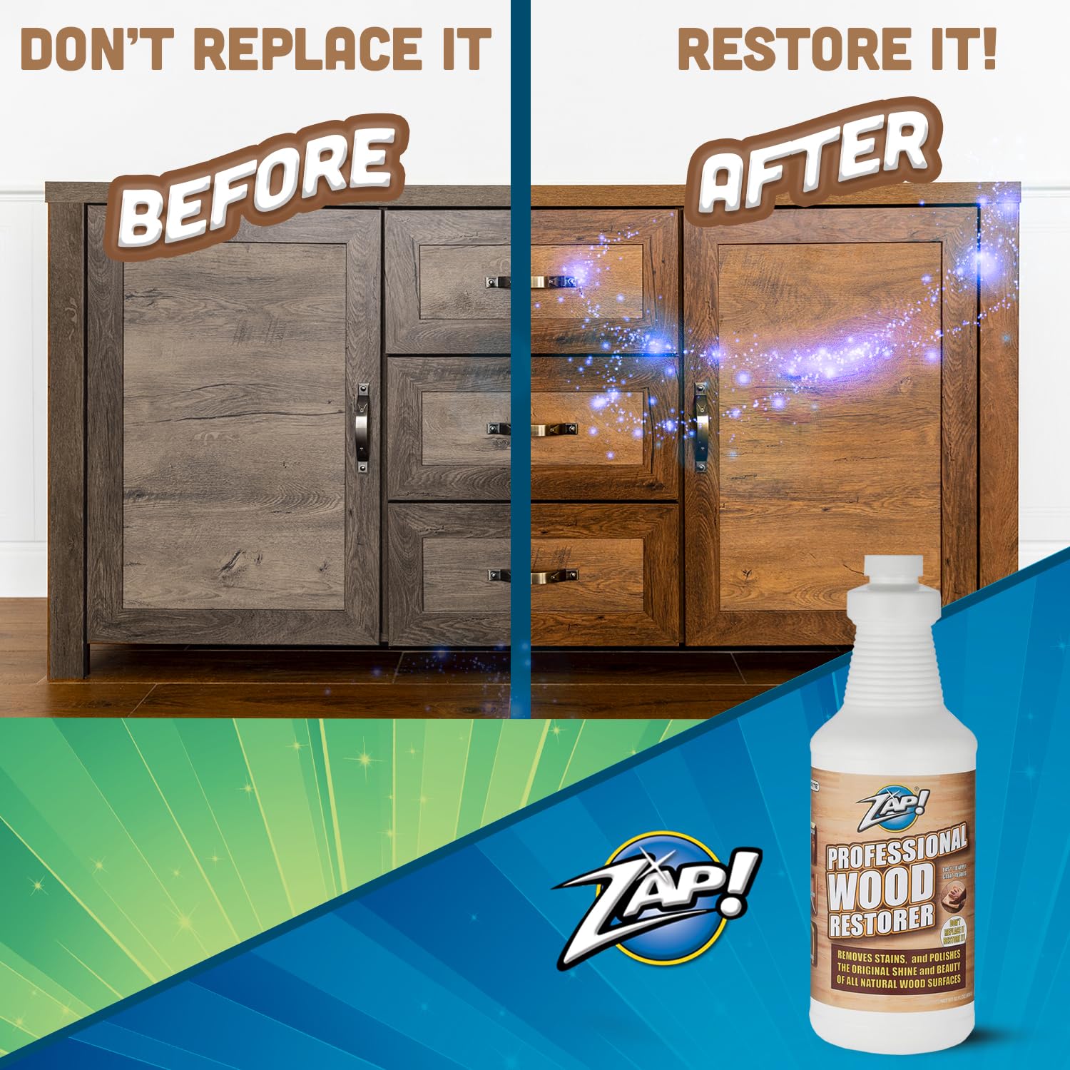 Professional Wood Cleaner & Restorer - Deep Cleans, Polishes & Restores Wooden Furniture, Hardwood Floors, Kitchen Cabinets & Tables | Heavy Duty 32oz Wood Treatment for Home, Office & Outdoor Use