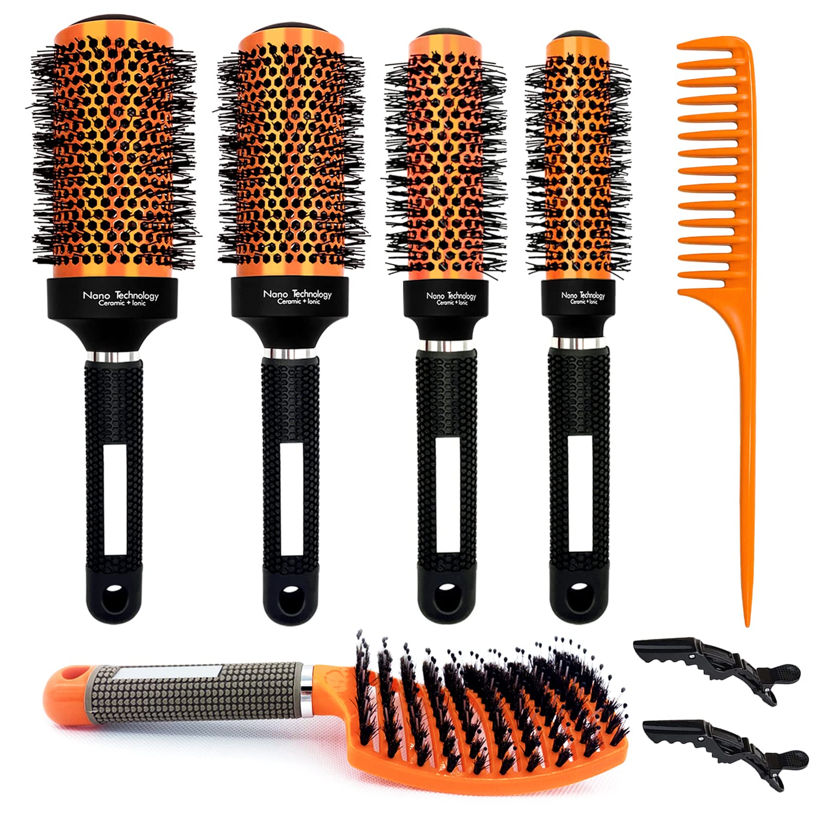 Professional Ceramic Ion Round Brush Set for Blow Drying & Styling - 4 Sizes Thermal Barrel & Boar Bristle Brushes for Straightening, Adding Volume & Shine - Perfect for Salon-Quality Hair at Home, Travel & Professional Stylists