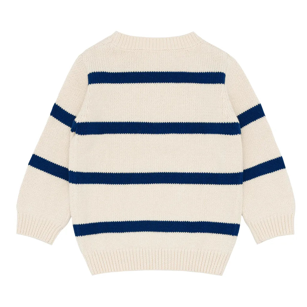 Unisex Cream and Navy Wide Stripe Knit Sweater - Cozy Casual Pullover for Men & Women - Perfect for Fall, Winter & Layering Outfits