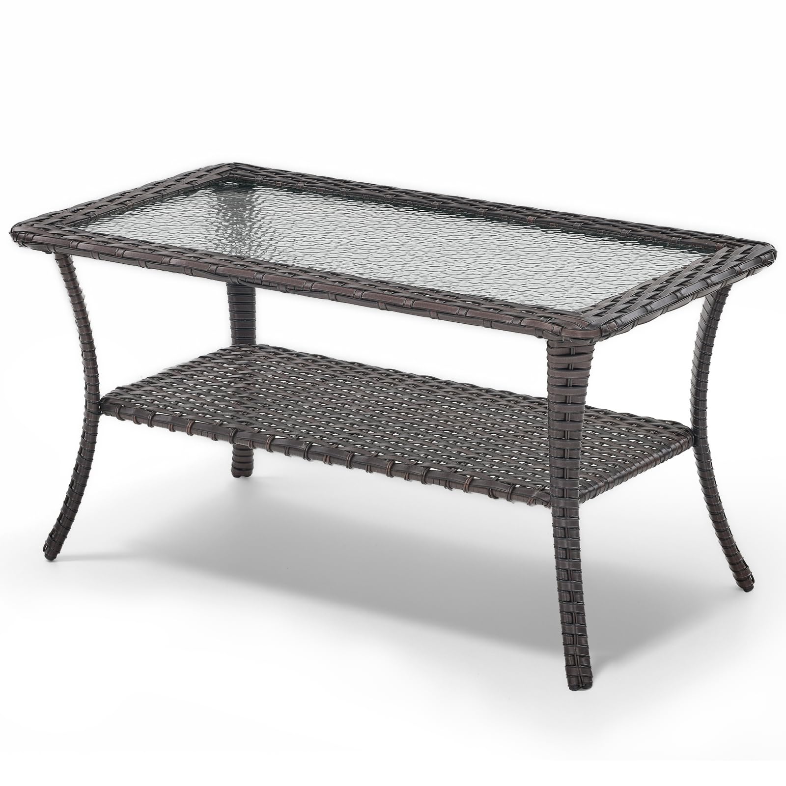Outdoor Rattan Wicker Coffee Table with Tempered Glass Top & 2-Tier Storage - Patio Furniture for Deck, Porch, Balcony, Garden - Brown - Perfect for Outdoor Entertaining and Relaxation