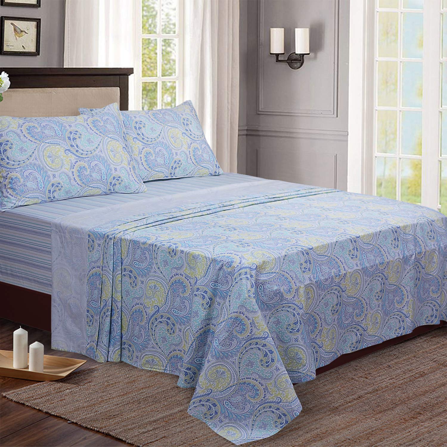 Softta 4-Piece Queen Size Bed Sheet Set - Deep Pocket Paisley Damask Floral Bohemian Design (1 Flat Sheet, 1 Fitted Sheet, 2 Pillowcases) | Luxury Bedding for Home, Hotel & Guest Room Decor