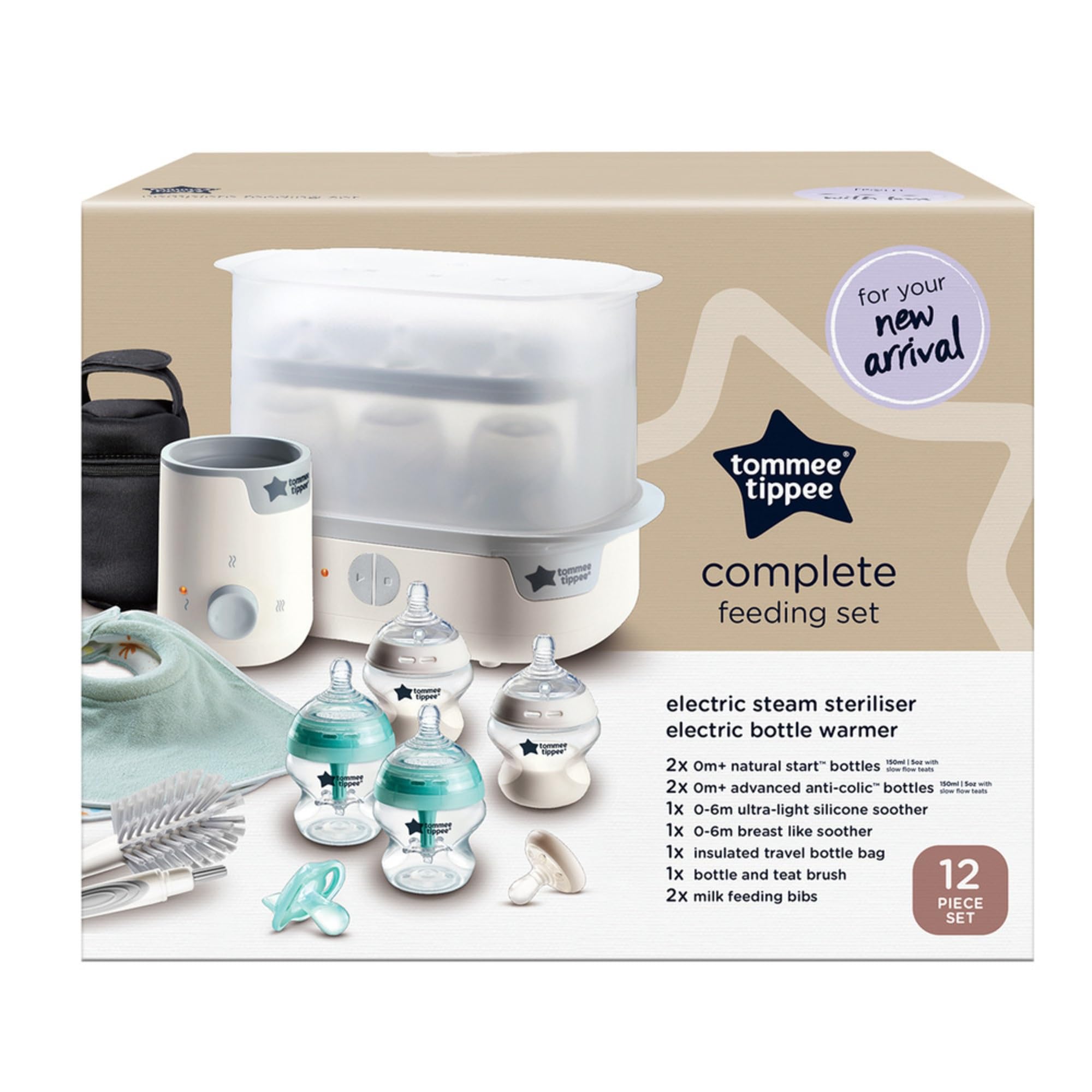 Tommee Tippee Complete Baby Feeding Set - Electric Steam Sterilizer, Insulated Bottle Bag, Self-Sterilizing Bottles & Bottle Warmer for Newborns (White) - Perfect for Home, Travel & Daycare Use