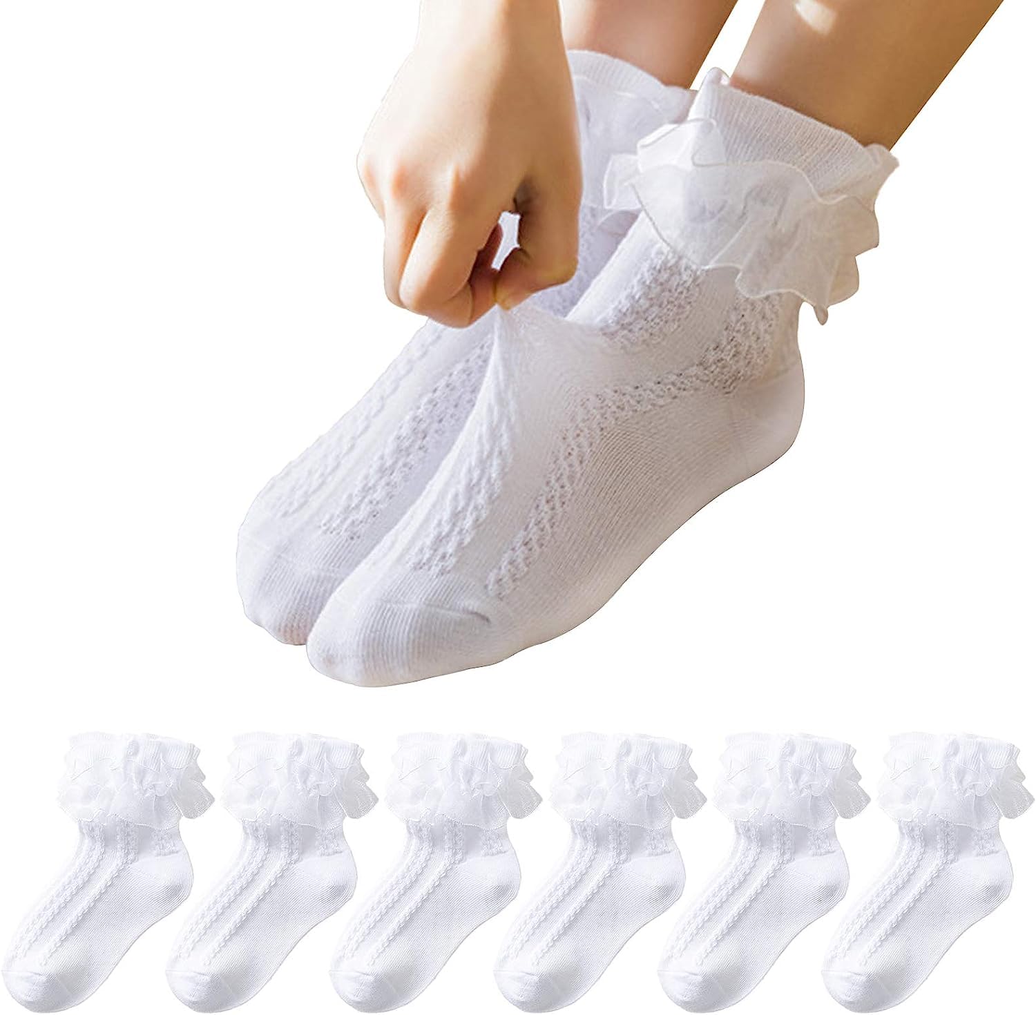 BGMINGYI Baby Girls Ruffle Lace Trim Socks 6 Pairs - Soft Cotton Princess Dress Socks with Eyelet Mesh for Toddlers 1-15 Years - Perfect for Parties, Photos & Special Occasions