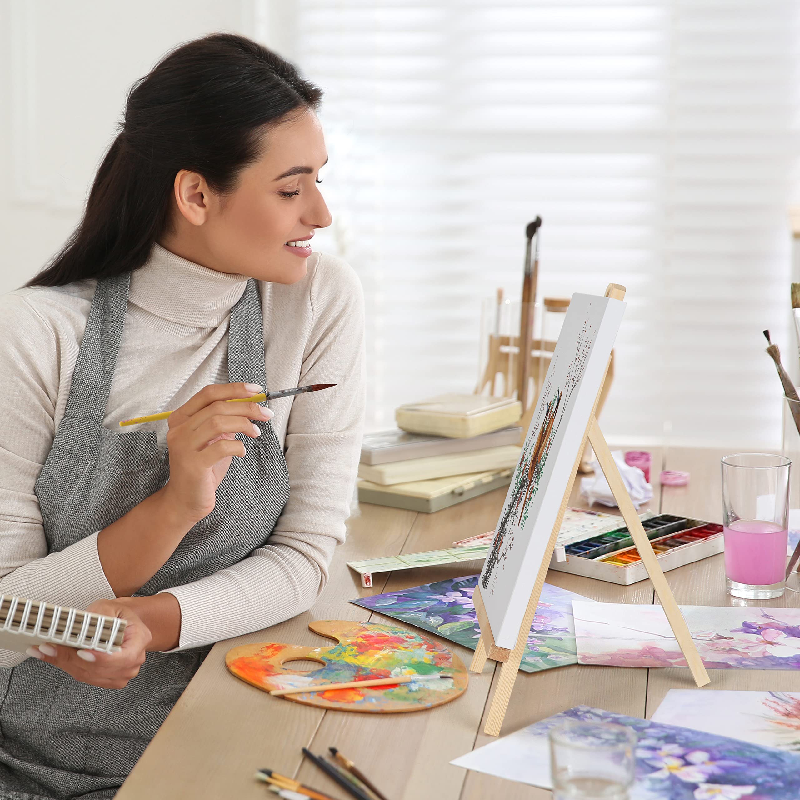 Belle Vous 4-Pack Small Wooden Tabletop Easel Stand with Canvas - 21.5x37cm (8.46x14.57in) Mini A-Frame Display Tripod for Acrylic/Oil Painting, Artwork & Crafts - Perfect for Home Decor, Studio Display & Gift Giving