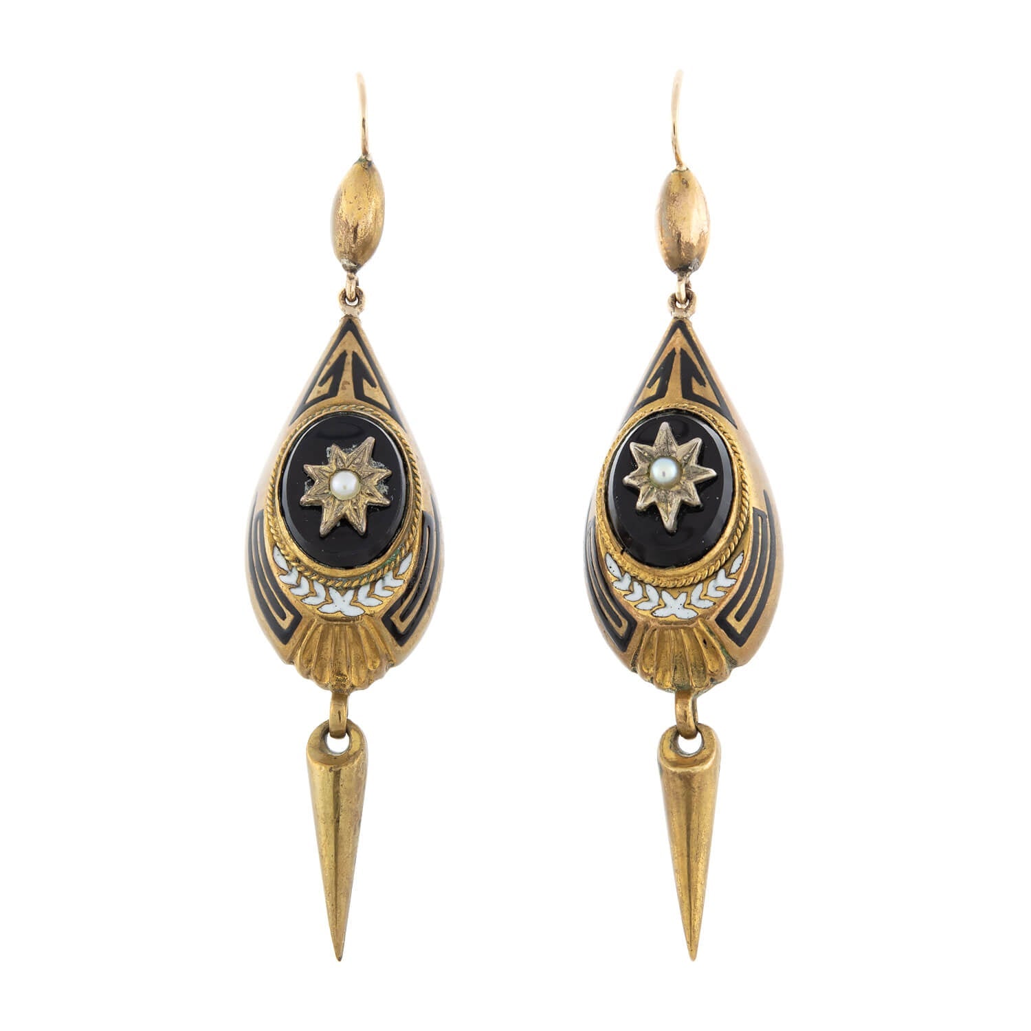 Victorian Style 9kt Gold Onyx and Pearl Dangle Earrings for Women - Elegant Vintage Jewelry for Parties, Weddings & Special Occasions