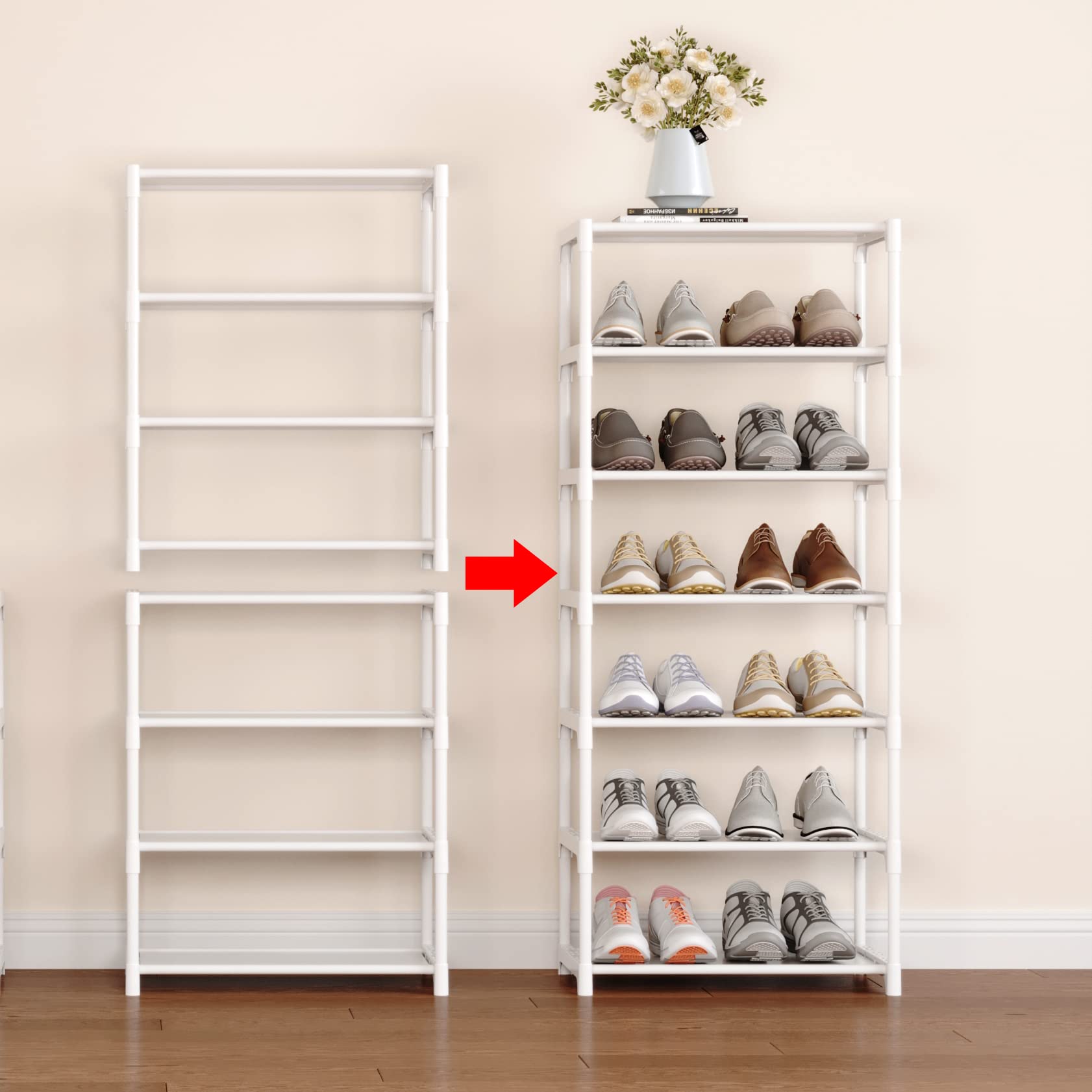 4-Tier Stackable Shoe Rack Organizer - Space Saving Shoe Storage Shelf for Entryway, Hallway, Closet, Bathroom & Living Room - Perfect for Small Spaces & Apartment Organization (White)