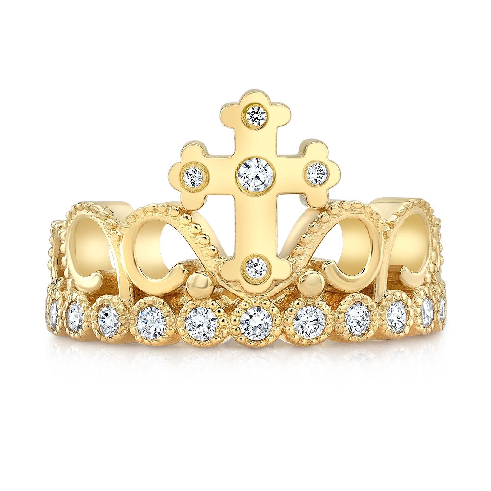 14K Yellow Gold CZ Cross Crown Ring for Women - Elegant Religious Jewelry Gift for Christmas, Baptism & Everyday Wear