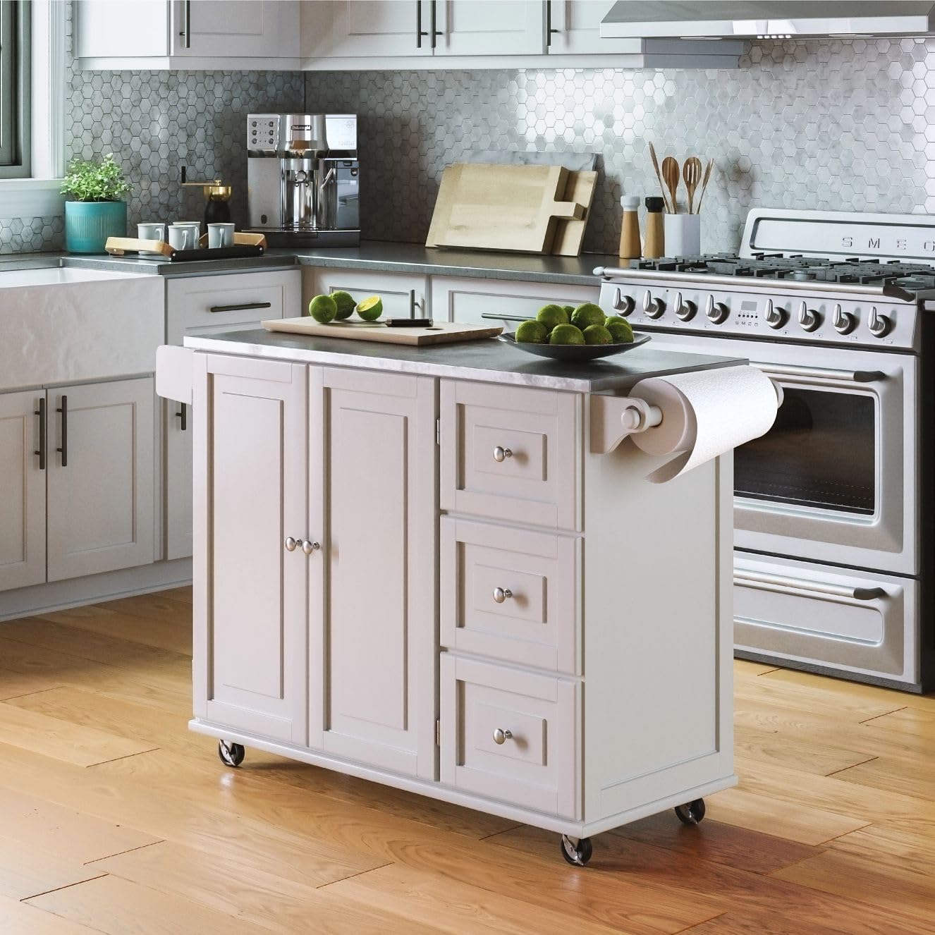 Homestyles Dolly Madison 54-Inch Rolling Kitchen Island with Storage & Towel Rack - Mobile Kitchen Cart for Small Spaces, Off White - Perfect for Apartments, Dorms & Compact Kitchens