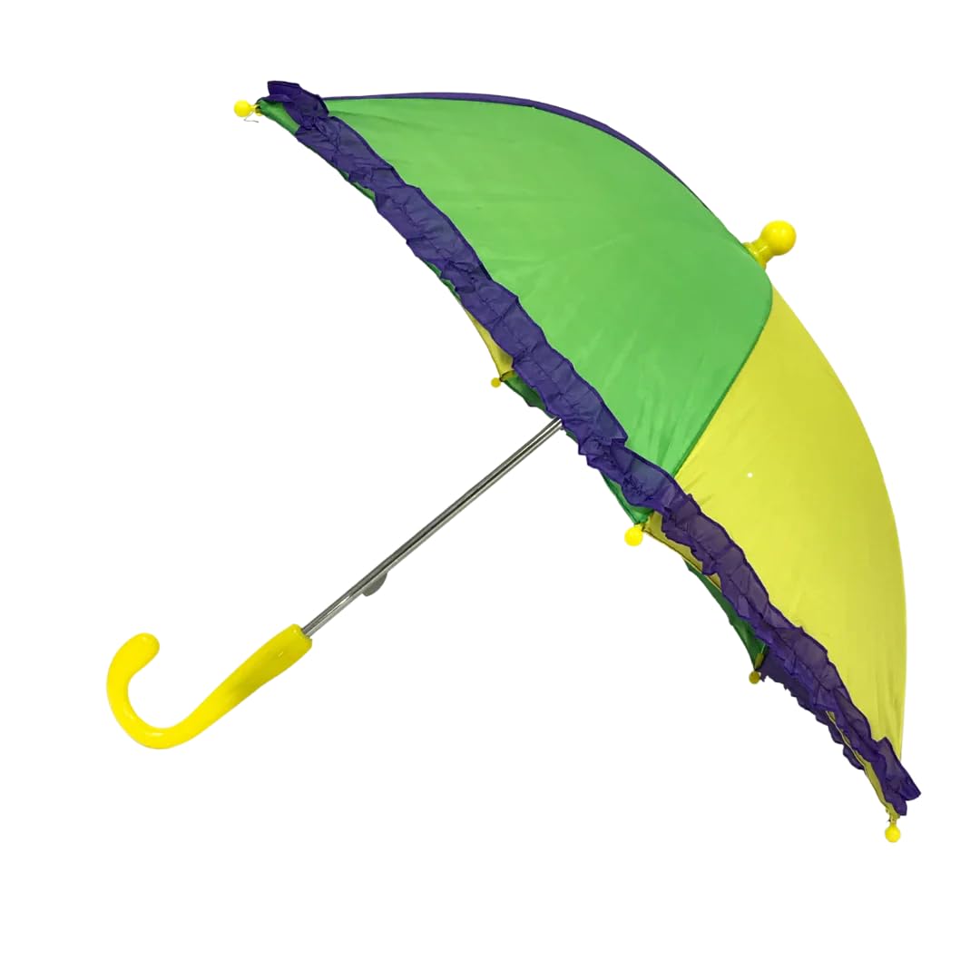 Elegant Green and Gold Umbrella with Purple Ruffle 14.5 Inch - Perfect for Mardi Gras Party Decorations, Carnival Themed Events, and Festive Home Decor
