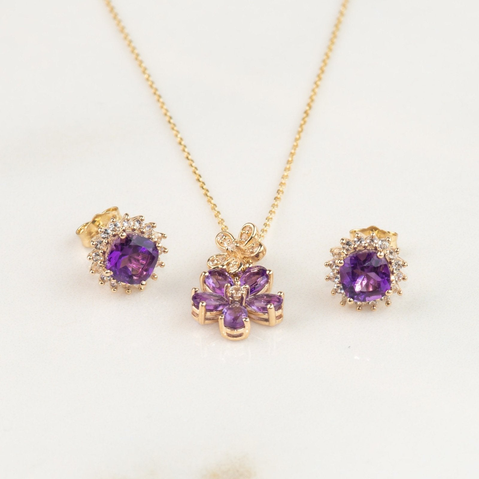 10k Yellow Gold Amethyst & White Sapphire Double Flower Drop Pendant Necklace - Elegant Jewelry Gift for Women, Perfect for Weddings, Anniversaries & Special Occasions