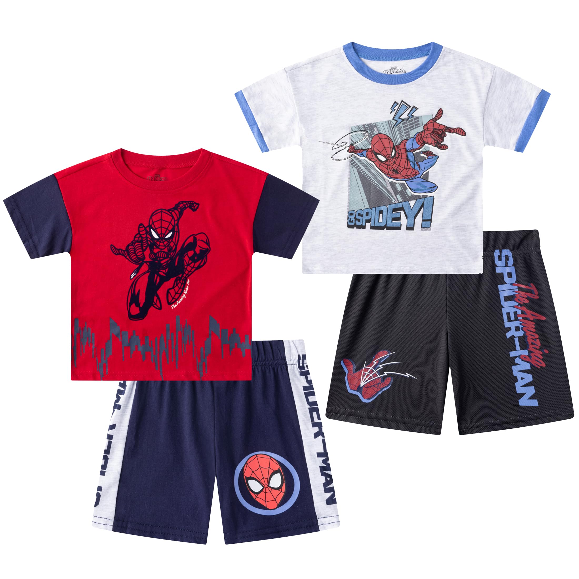 Marvel Spider-Man Boys 4-Piece Mix and Match T-Shirts & Shorts Set for Toddlers - Cool Superhero Outfit for Playtime, Birthday & Daily Wear
