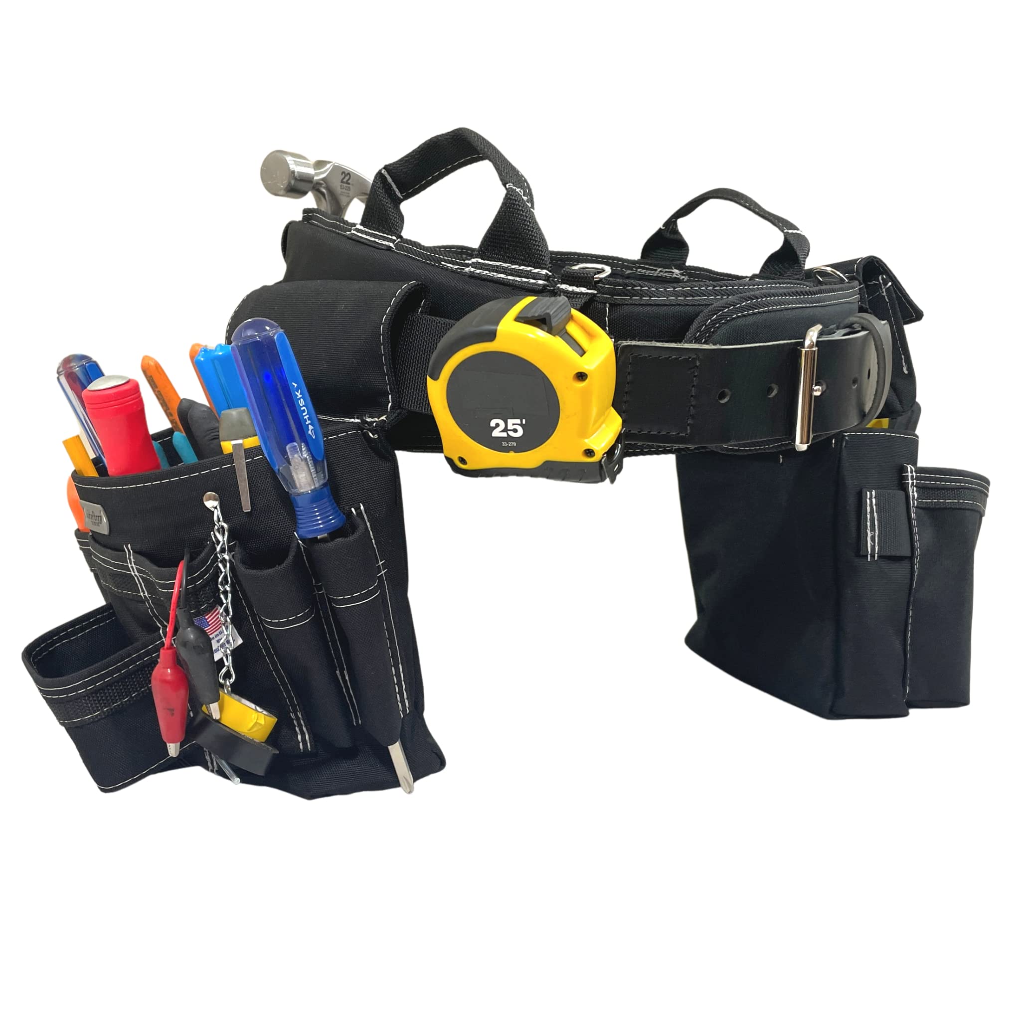 BOULDER BAG Ultimate Electrician's MAX Combo Tool Belt with Comfort Back Support - Heavy Duty Leather Belt Buckle, Black with White Stitching (Large 36-40 Inch Waist) - Made in USA - Perfect for Electricians, Construction Workers & DIY Home Improvement Projects