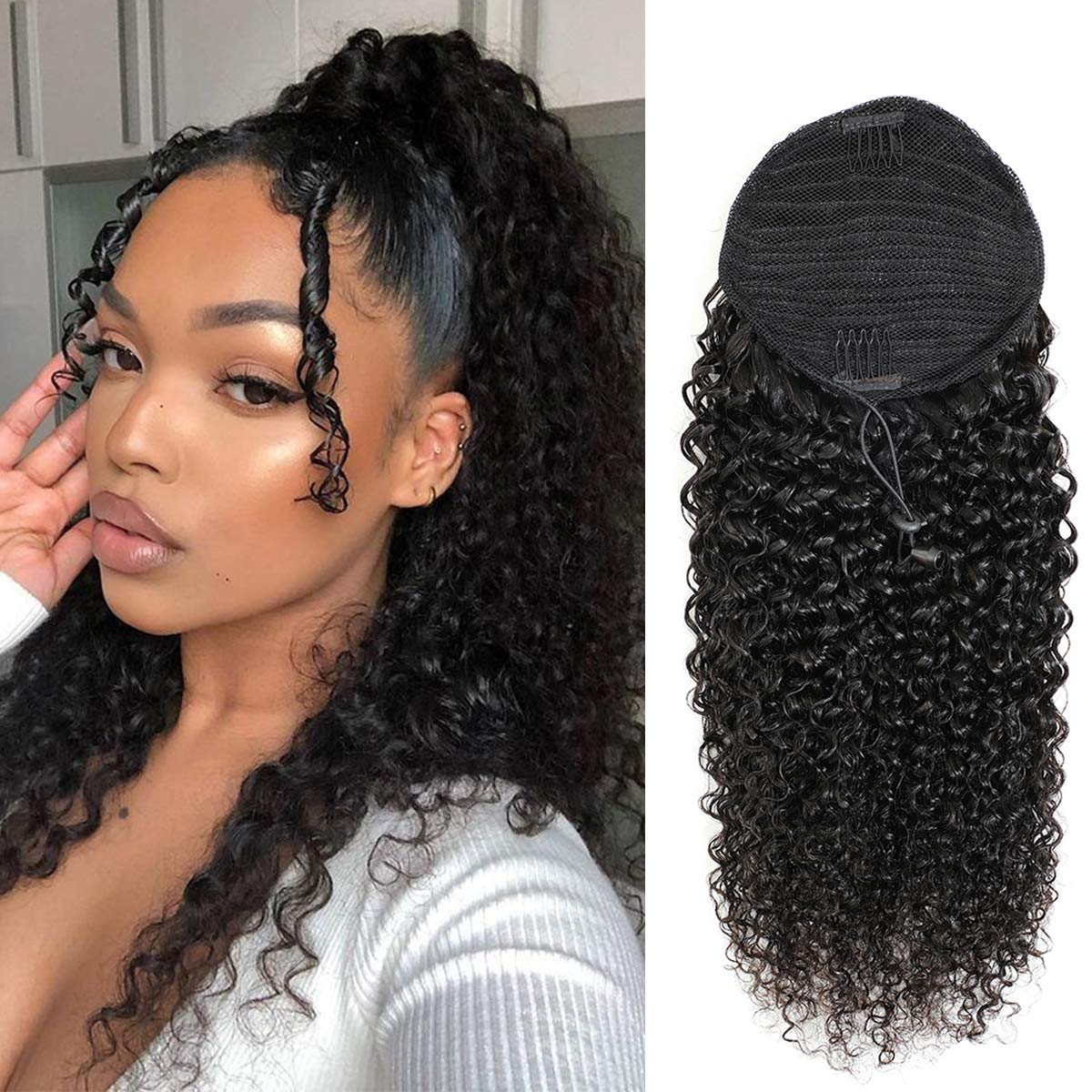 3C Remy Brazilian Human Hair Ponytail Extension with Wrap Drawstring - 20 Inch Afro Kinky Curly Clip-in Hair Piece for Women | Natural Color Human Hair Extensions for Daily Wear, Parties & Special Occasions
