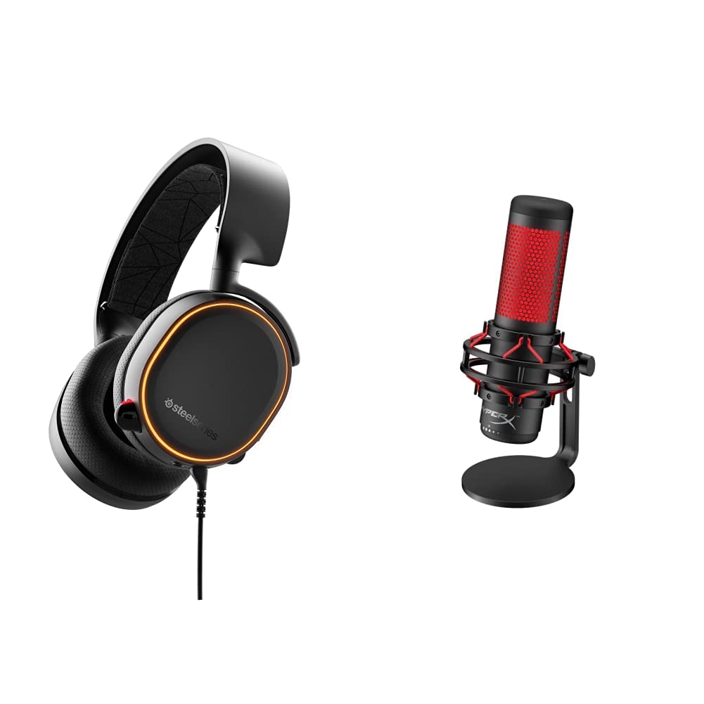 SteelSeries Arctis 5 RGB Gaming Headset with DTS Headphone:X v2.0 Surround Sound - HyperX QuadCast USB Condenser Microphone - Professional Gaming Headphones & Mic for PC, PS5, Xbox, Streaming & Esports