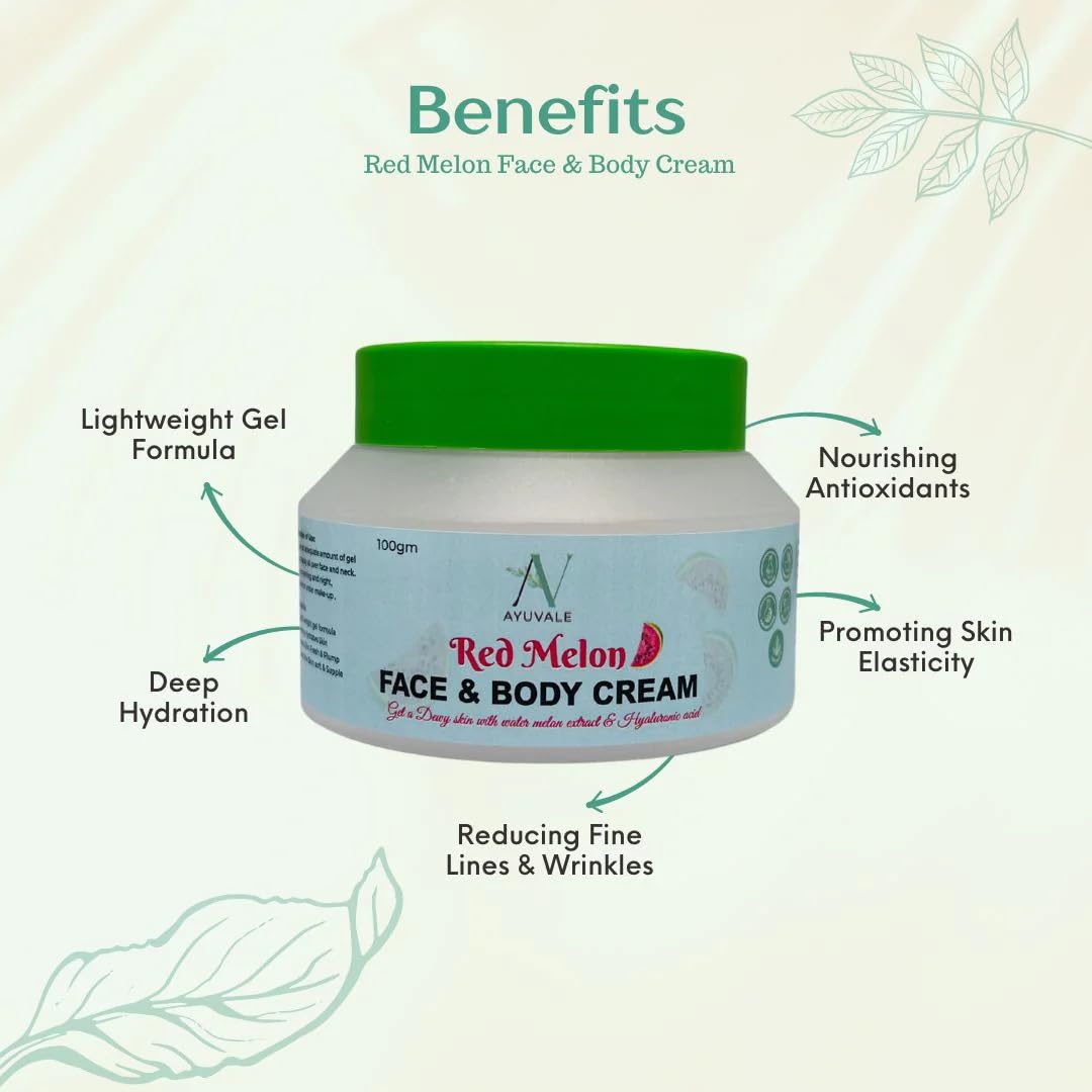 AYUVALE Red Melon Face & Body Cream - Watermelon Infused Moisturizer for Soft, Nourished Skin | Non-Greasy, 100% Natural Formula (100Gm) | Perfect for Daily Hydration & Post-Sun Care