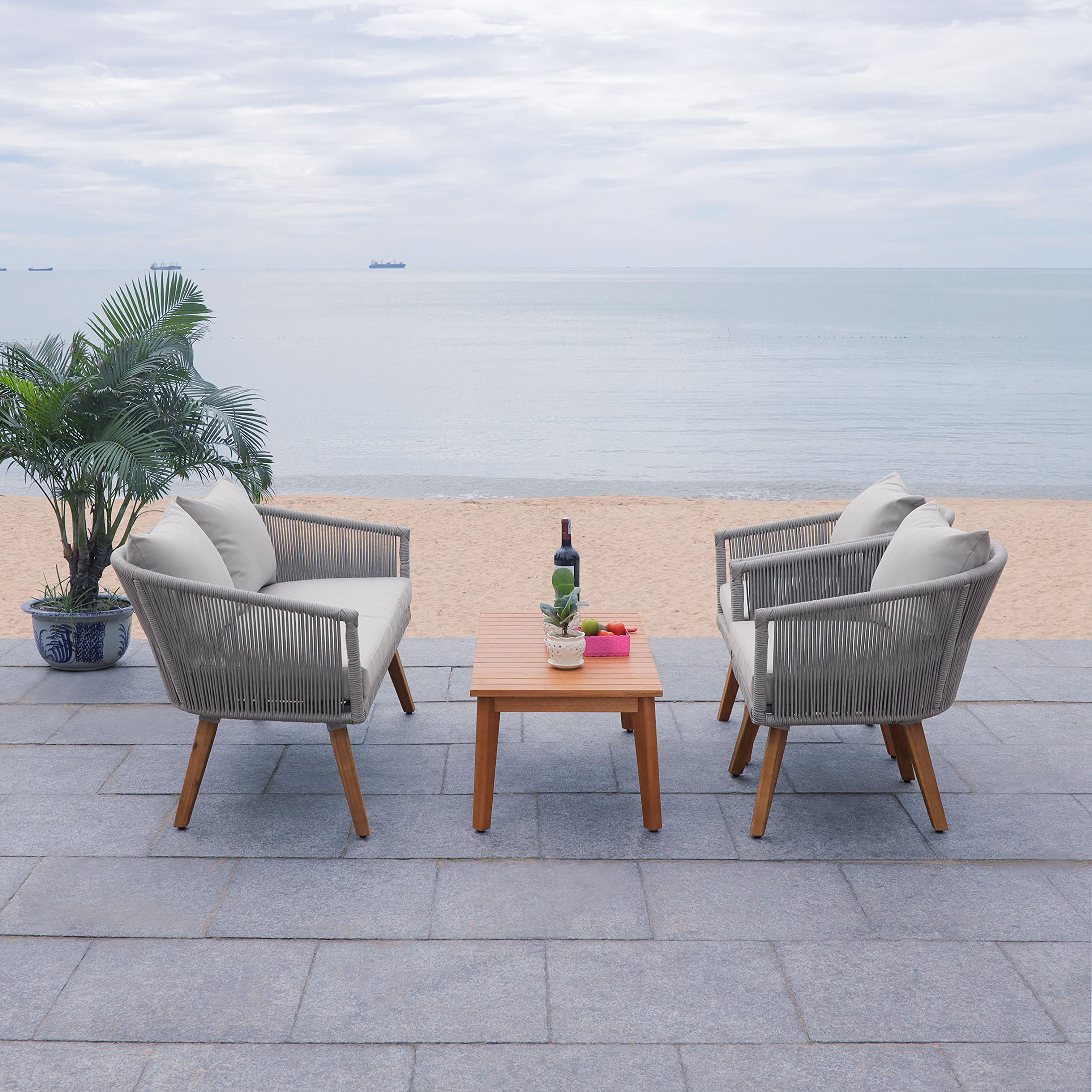 SAFAVIEH PAT7072A Outdoor Velso Rope 4-Piece Patio Set with Seat Cushions & Throw Pillows - Waterproof Garden Furniture for Backyard, Poolside or Deck - Perfect for Outdoor Relaxation & Entertaining
