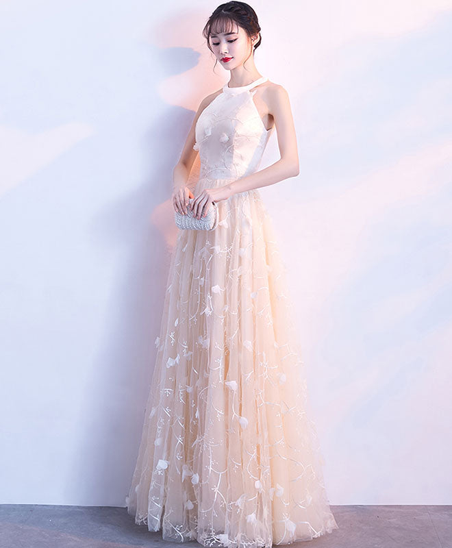 Elegant Champagne Lace Tulle Long Prom Dress for Women - Formal Evening Gown for Homecoming, Ball, Wedding & Special Occasions