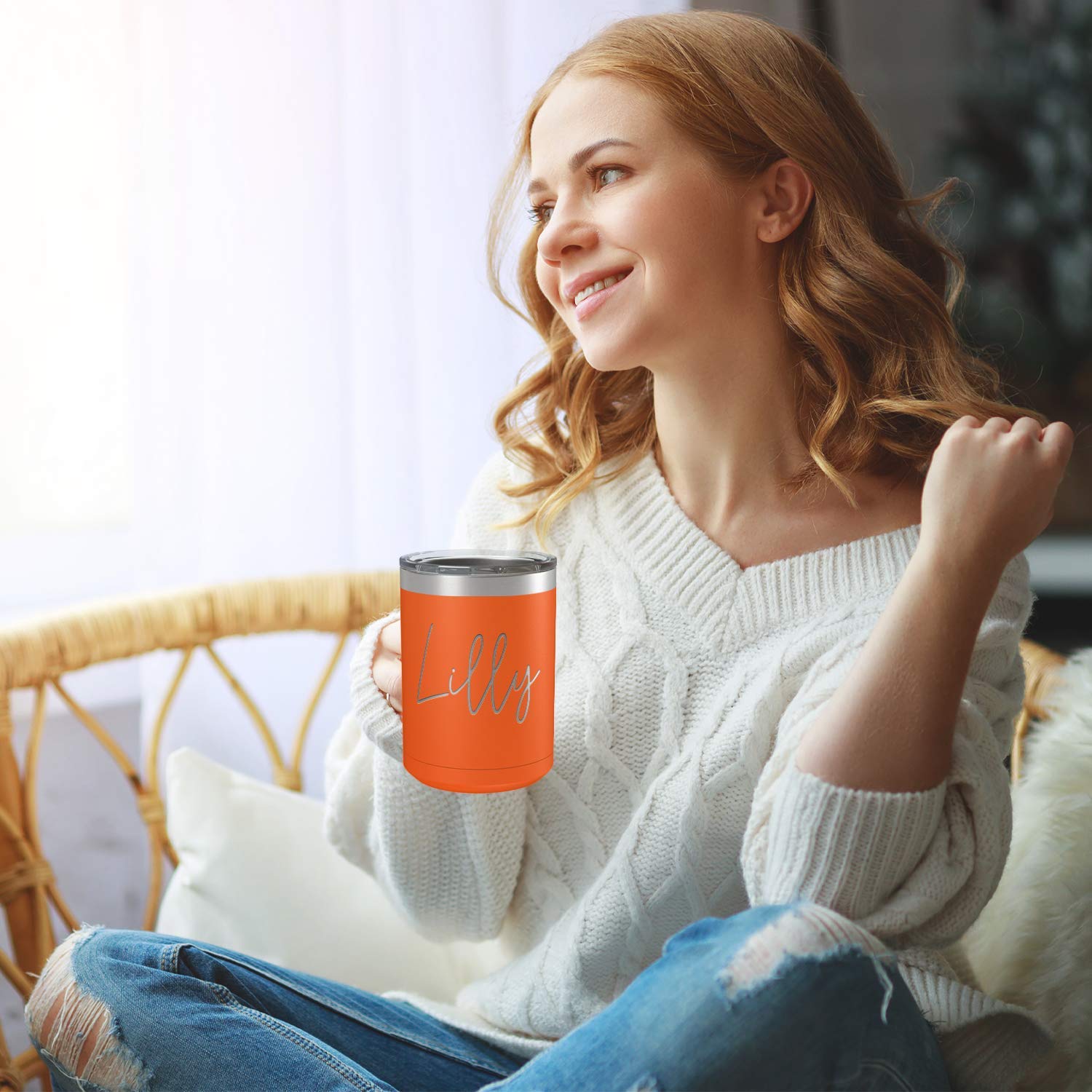 Custom Engraved 15 oz Orange Matte Stainless Steel Vacuum Insulated Coffee Mug - Personalized Gift with Handle for Office, Travel & Home Use