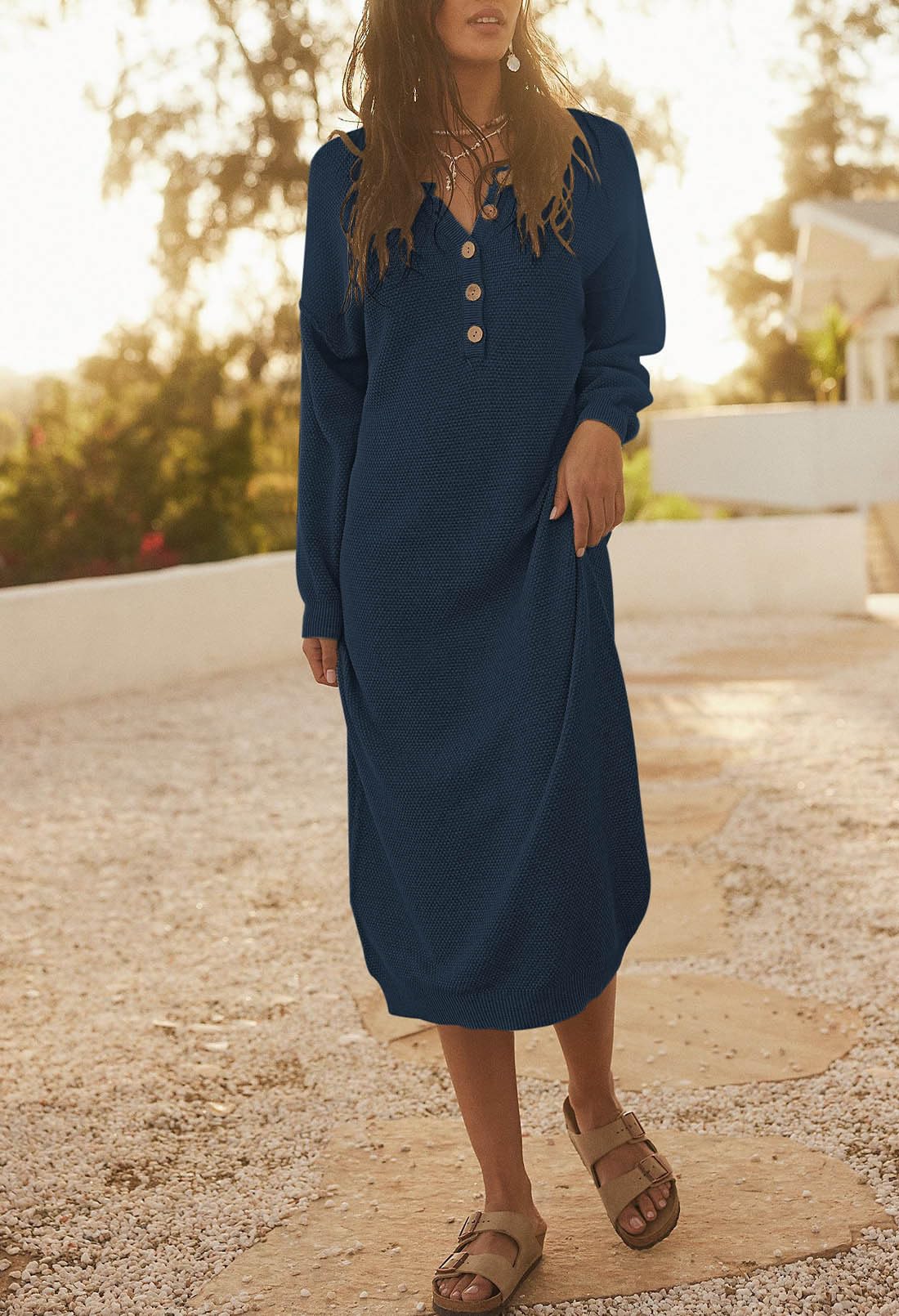 Cutiefox Women's Oversized Waffle Knit Button Down Dress - Long Sleeve V-Neck Batwing Sweater Dress for Fall Winter | Casual Outfit, Layering Piece, Office Wear & Date Night Fashion