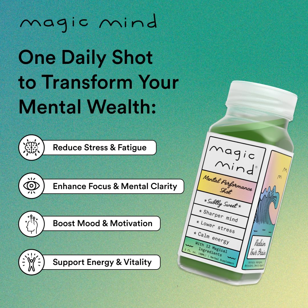 Magic Mind Energy and Focus Drink Shots - Stress Relief Supplement with Ashwagandha, Vitamin B12 & C, Matcha Green Tea, Functional Mushrooms - No Jitters, 2 Fl Oz (15 Pack) - Boost Productivity for Workouts, Study & Mental Clarity