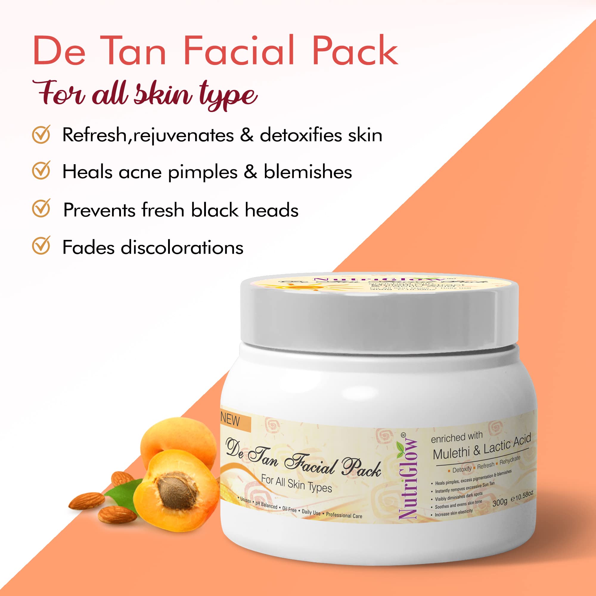 NutriGlow De Tan Facial Pack with Mulethi & Lactic Acid - Tan Removal, Exfoliation, Acne Treatment for All Skin Types (300g) | Brightens Skin, Reduces Blemishes & Pimples | Perfect for Daily Skincare & Post-Sun Care Routine
