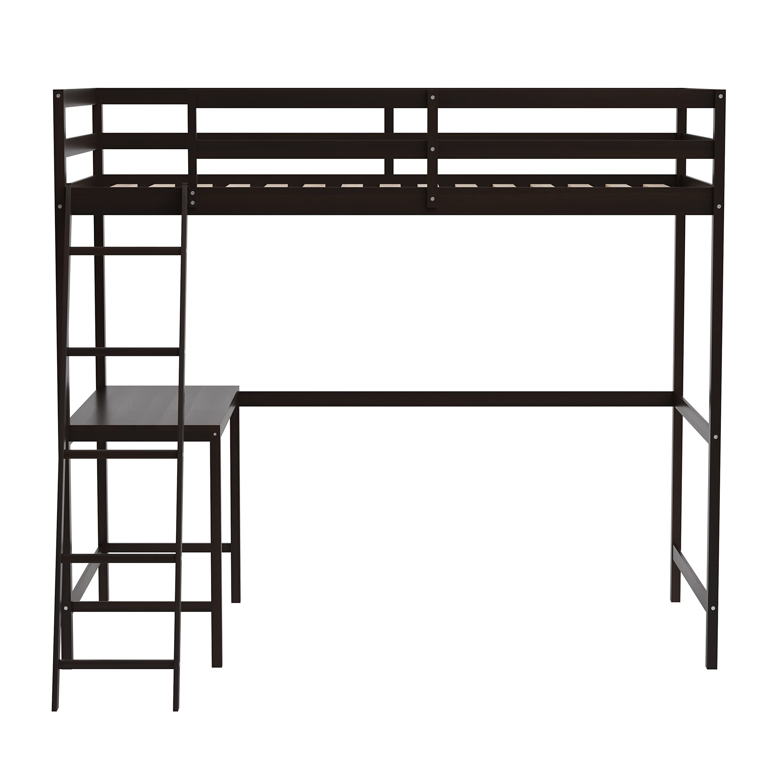 Emma & Oliver Ridley Twin Size Loft Bed Frame with Desk - Solid Pine Wood in Espresso Finish - Safety Guardrails - Fits 6-8