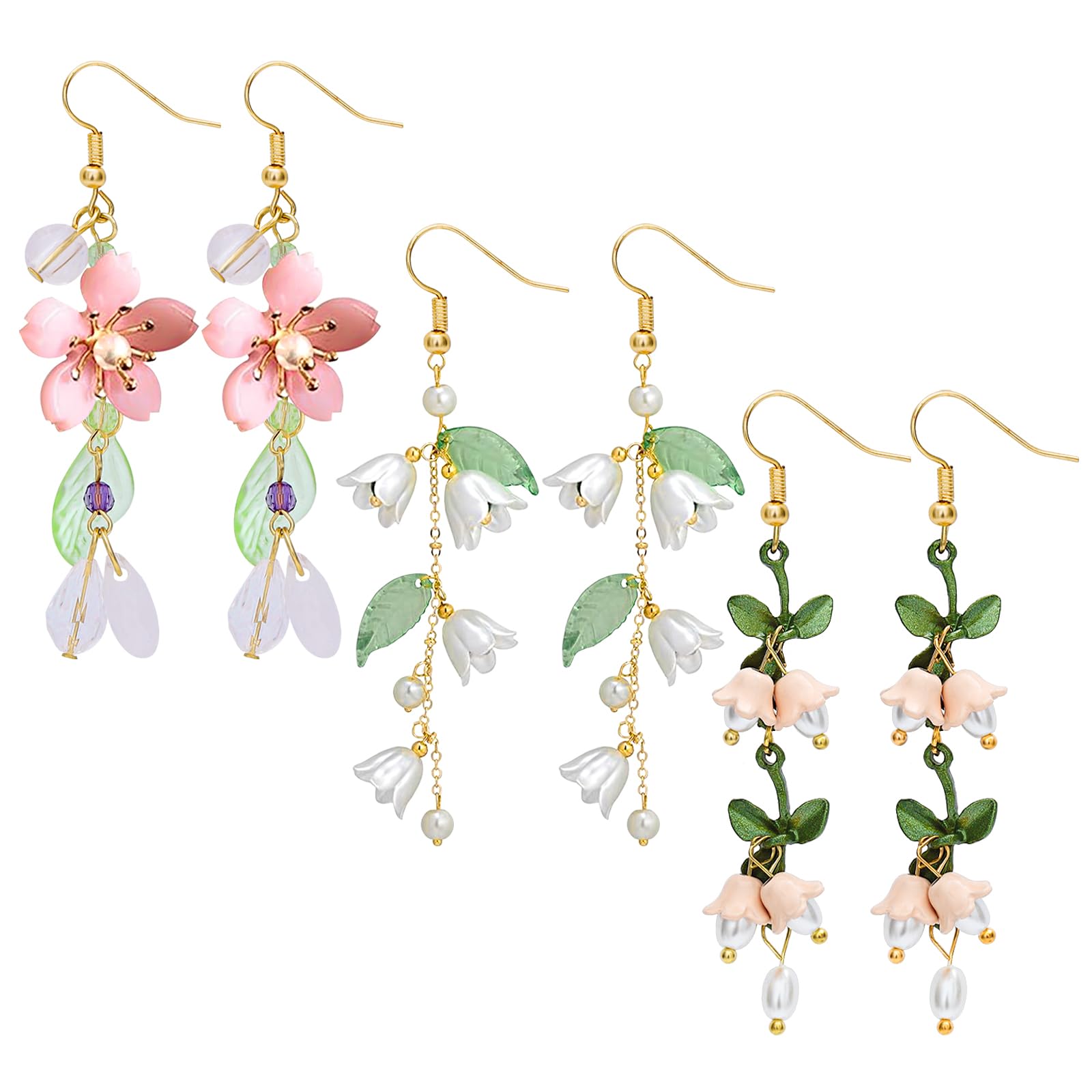 NEWITIN 3 Pairs Long Floral Dangle Earrings for Women - Hypoallergenic Leaf & Tassel Statement Jewelry - Pink Flower Earrings for Party, Wedding & Everyday Wear
