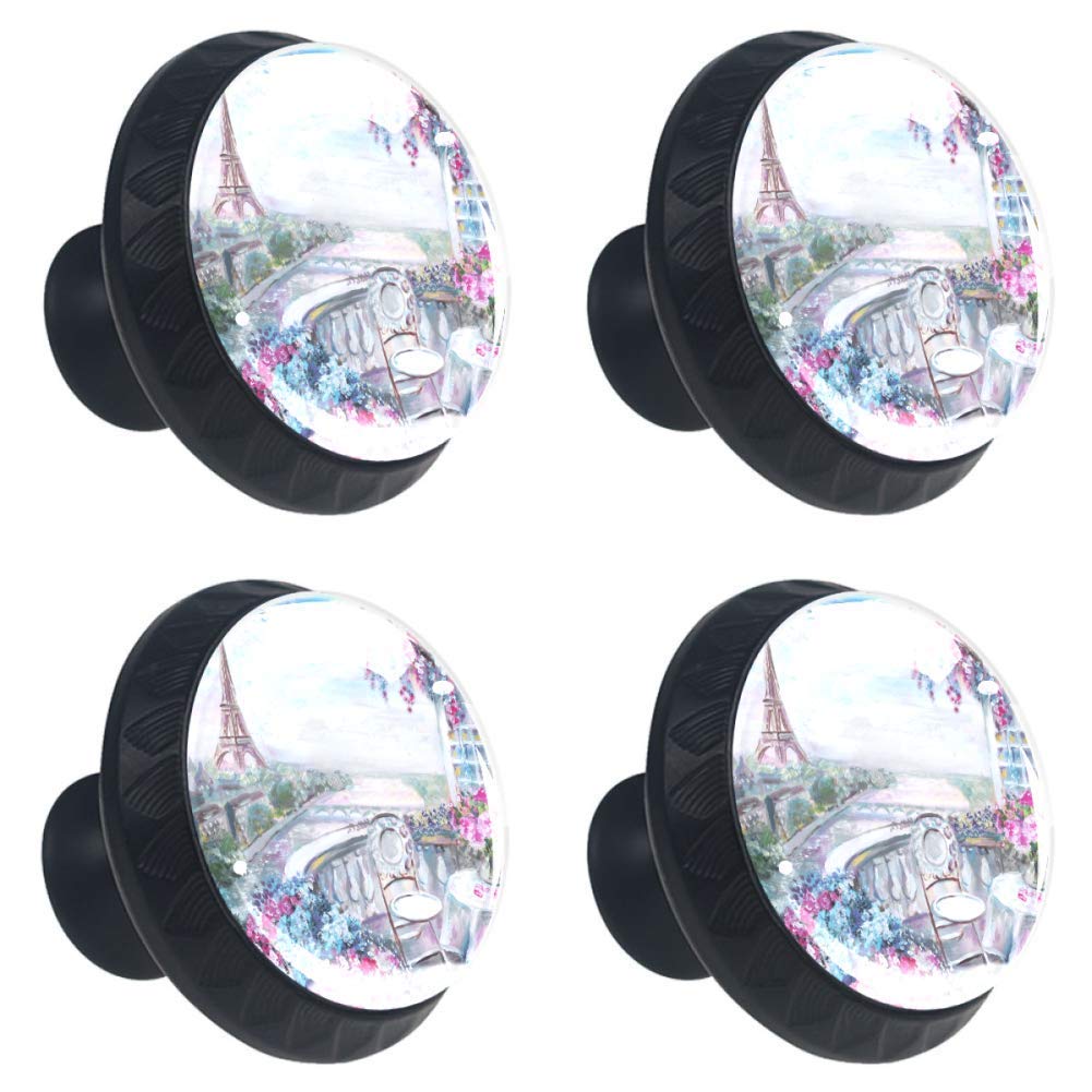 France Cafe Paris Balcony Flowers City Landscape Round Kitchen Cabinet Knobs - 1.37 Inch Drawer Handles - 4 Pack Cabinet Hardware for Modern, Vintage, and Farmhouse Kitchens