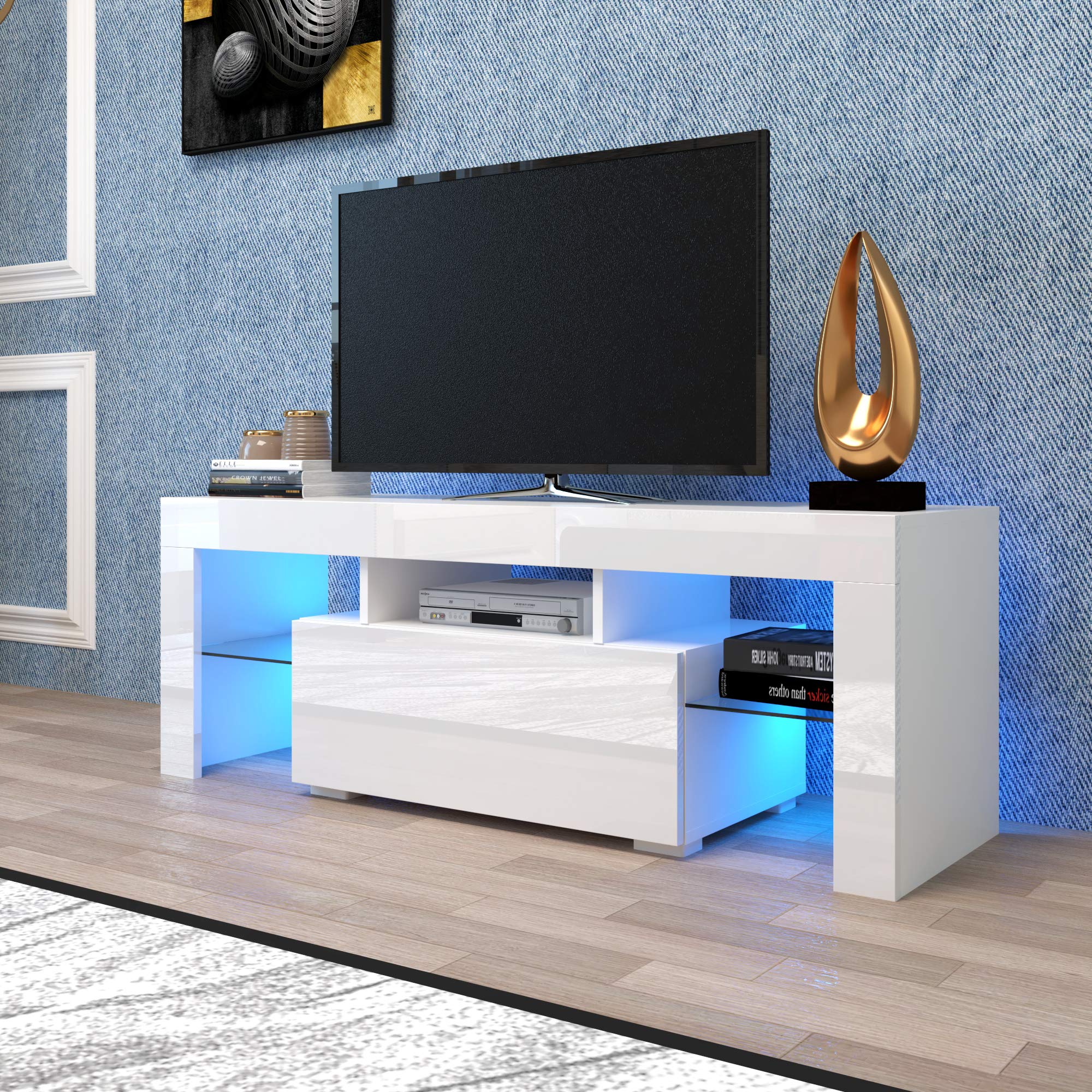 HABITRIO Modern TV Stand for 55 Inch TVs with LED Lights & Drawer - White TV Cabinet Entertainment Center for Living Room, Bedroom, Lounge - Easy Assembly Living Room Furniture Set