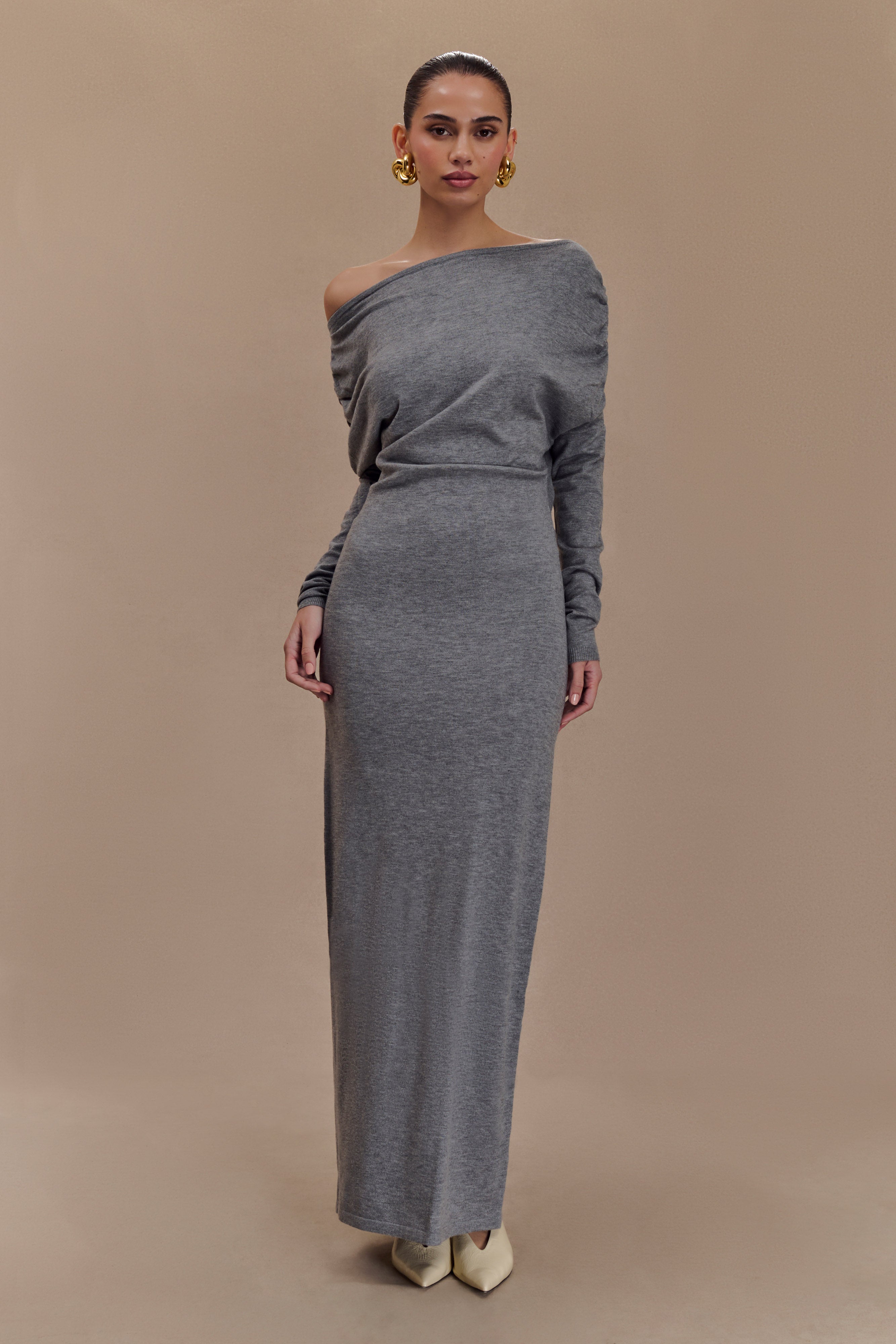 Jessie Cowl Neck Knit Midi Dress in Charcoal Marle - Perfect for Casual Outings, Date Nights & Fall Layering