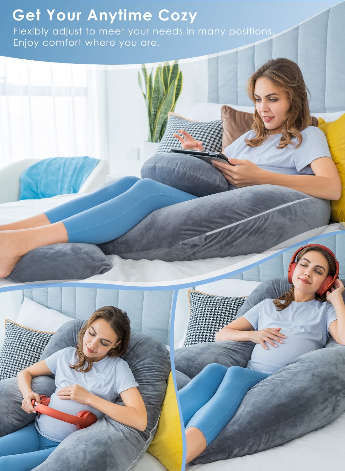 QUEEN ROSE Pregnancy Pillow - Detachable U-Shaped Maternity Body Pillow for Sleeping, Extra Soft Velvet Cover, Full Body Support for Pregnant Women (Dark Grey) - Perfect for Side Sleepers & Back Pain Relief During Pregnancy