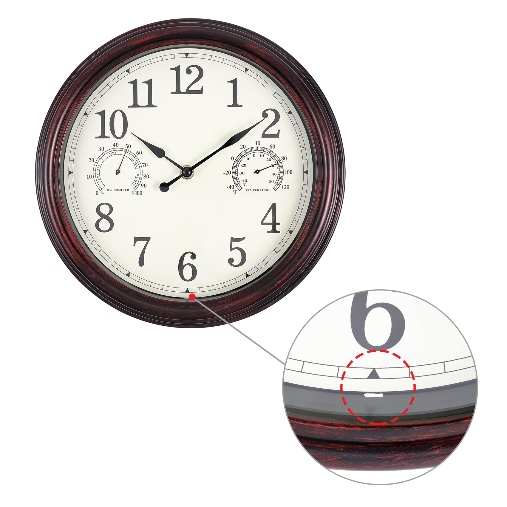 12 Inch Outdoor Wall Clock with Temperature & Humidity - Waterproof Plastic Patio Clock for Garden, Backyard & Porch - Weather Resistant Dark Brown Wall Clock for Outdoor Decor & Home Use
