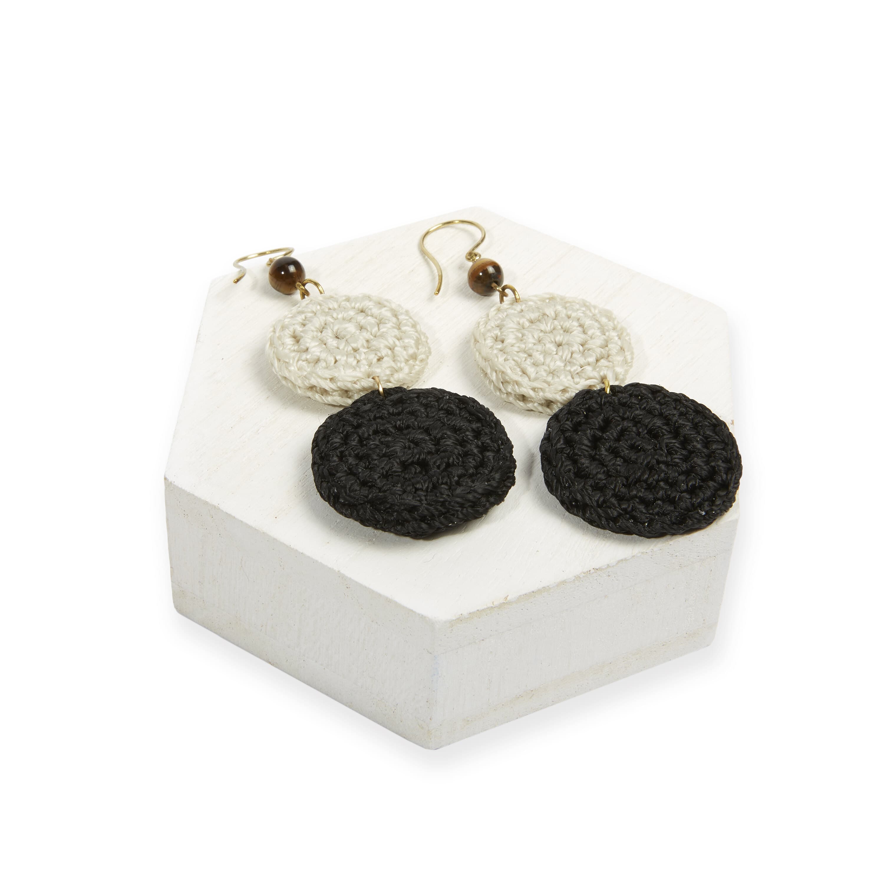Handmade Jasper Double Disc Earrings - Black & Natural Crochet Dangle Earrings for Women | Boho Chic Jewelry for Parties, Weddings & Everyday Wear