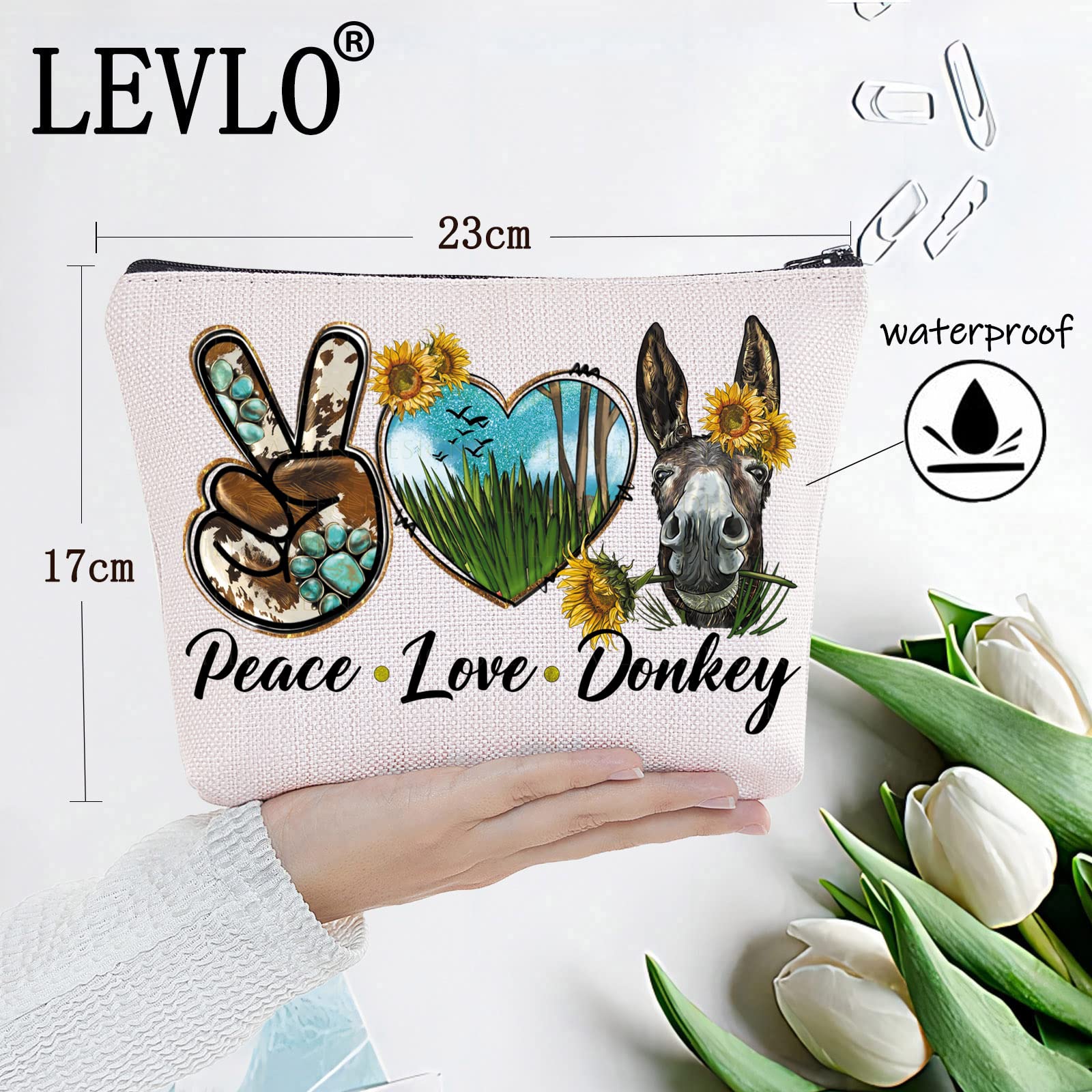 LEVLO Funny Donkey with Sunflower Cosmetic Makeup Bag - Cute Zipper Pouch for Donkey Lovers - Perfect Gift for Makeup Storage & Travel Accessories (Peace Love Donkey Theme)