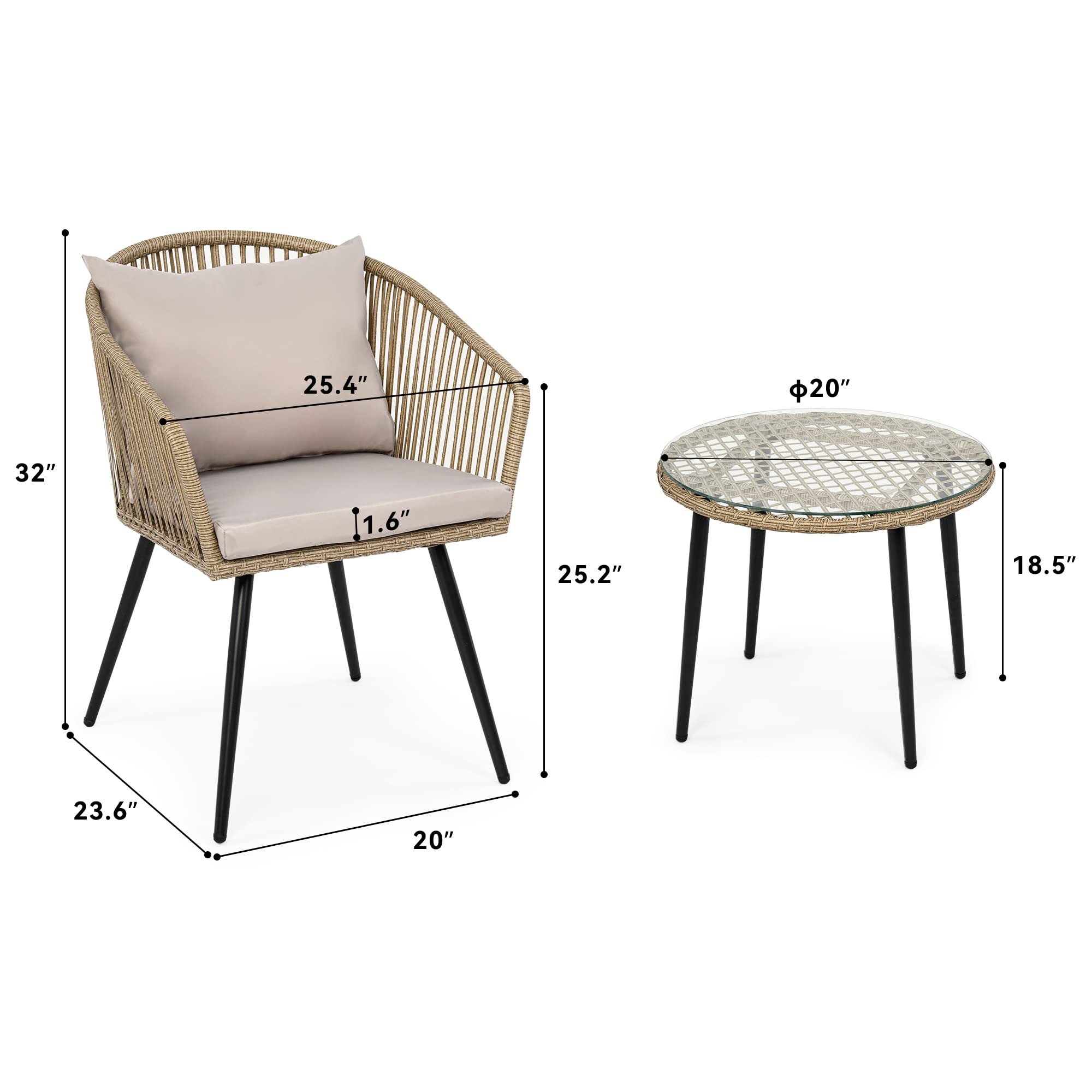 YITAHOME 3-Piece Wicker Patio Furniture Set - Outdoor Rattan Chairs with Cushions & Glass Side Table - Gray Balcony Conversation Set for Backyard, Apartment, Garden (Perfect for Relaxing & Entertaining Outdoors)
