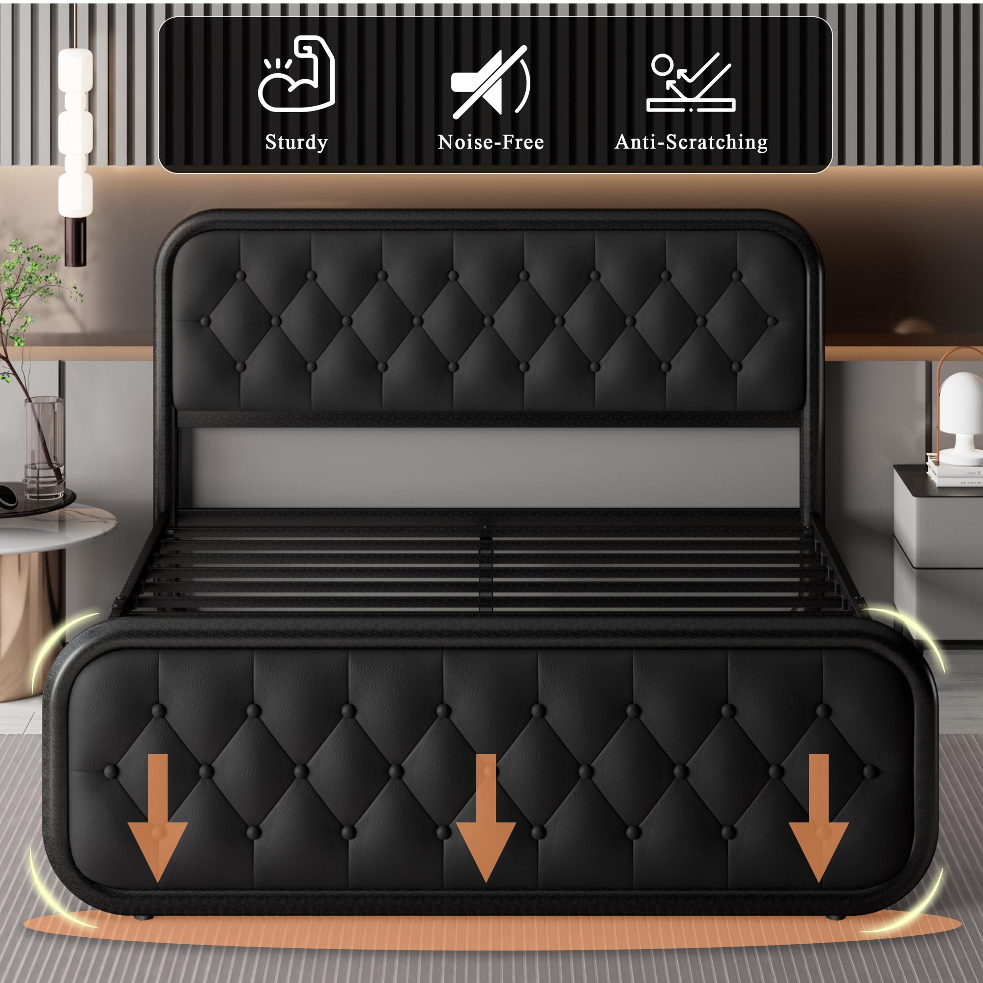 Feonase Full Size Bed Frame with Faux Leather Headboard - Heavy Duty Upholstered Platform Bed with Sturdy Metal Slats | 12