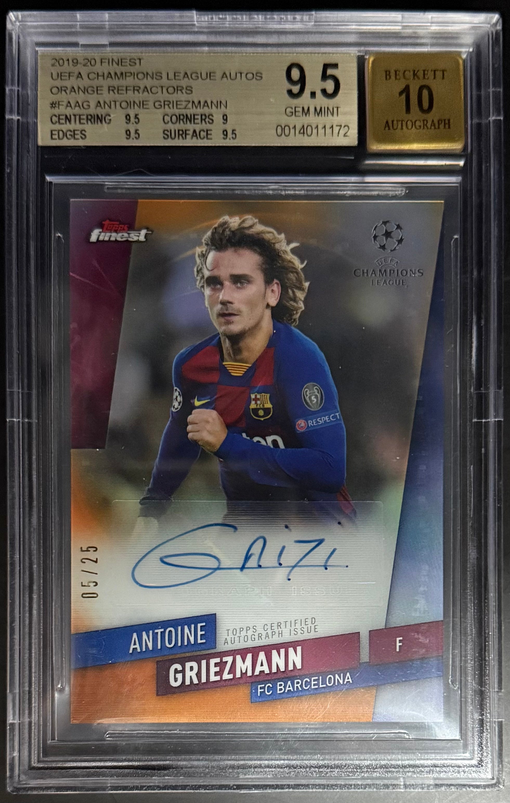 Topps Antoine Griezmann Orange Autograph Refractor /25 Finest UCL 2019-20 Beckett 9.5 Graded Soccer Trading Card - Perfect for Collectors, Investors & Soccer Fans Display