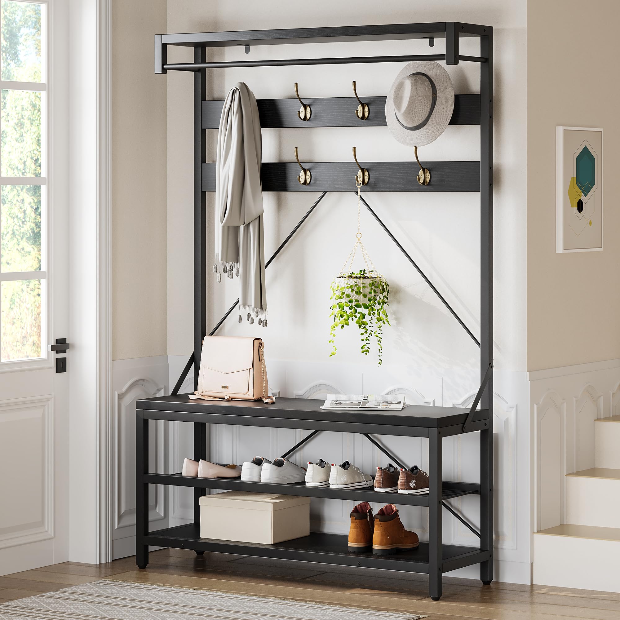 IDEALHOUSE Industrial Coat Rack Shoe Bench with Storage Shelf & 8 Hooks - 39.9