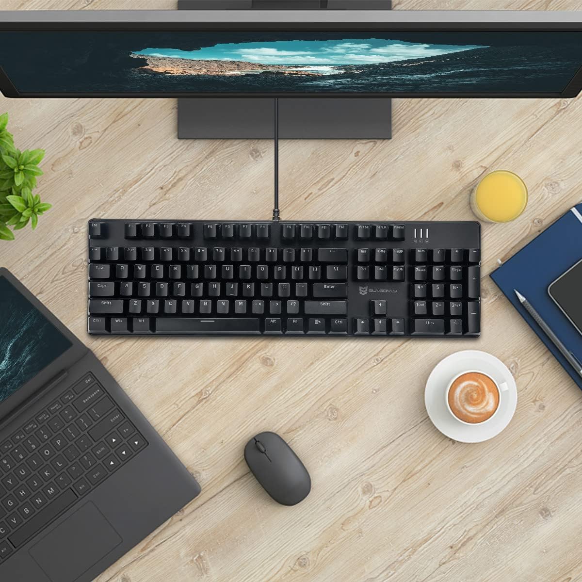 Qisan Mechanical Gaming Keyboard - Wired White Backlit Keyboard with Brown Switches, Full Size 104 Keys US Layout | Durable Computer Keyboard for Gaming & Office Use | Ergonomic Design for Comfortable Typing | Perfect for PC Gamers, Programmers and Typists