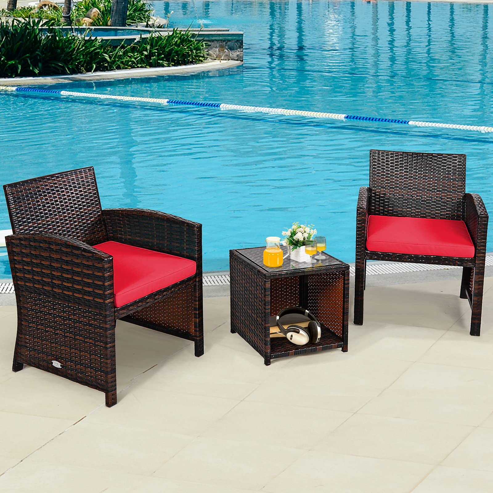 Tangkula 3-Piece Outdoor PE Rattan Patio Furniture Set with Chair & Storage Coffee Table - Waterproof Wicker Conversation Set, Detachable Cushions, Sturdy X-Shaped Frame - Perfect for Garden, Backyard, Poolside, Deck or Balcony (Red) - Ideal for Relaxing, Entertaining & Outdoor Dining