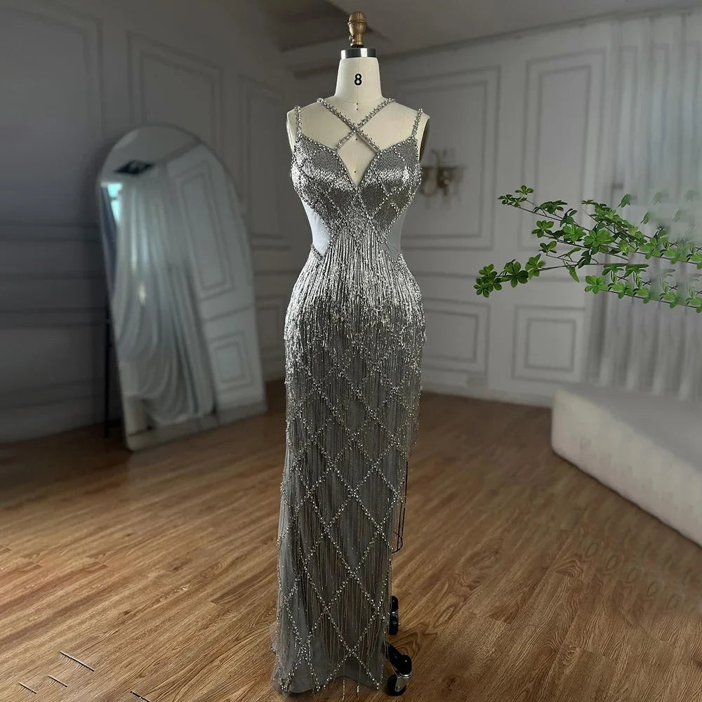 Luxury Beaded Mermaid Evening Gowns for Women - Dubai Silver & Gold Tassel Spaghetti Strap Party Dresses | Elegant Formal Wear for Weddings, Galas & Special Occasions 2025 LA72280